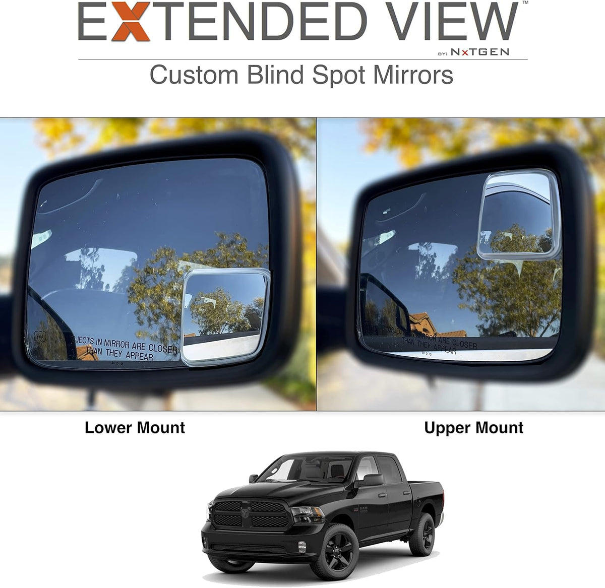 NXTGEN Custom Blind Spot Mirrors - Extended View (2 Pack) Compatible With 4th Gen Ram 1500 - 2 Piece Set (Left & Right)