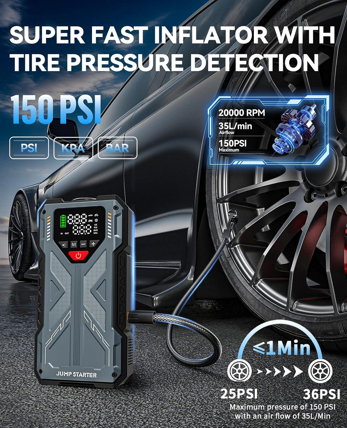 Car Jump Starter with Air Compressor, 4000A 12V Battery Jumper Starter Portable, 150PSI Jump Box Car Battery with Auto-Shutoff Tire Inflator for Vehicles (All Gas / 10.0L Diesel)