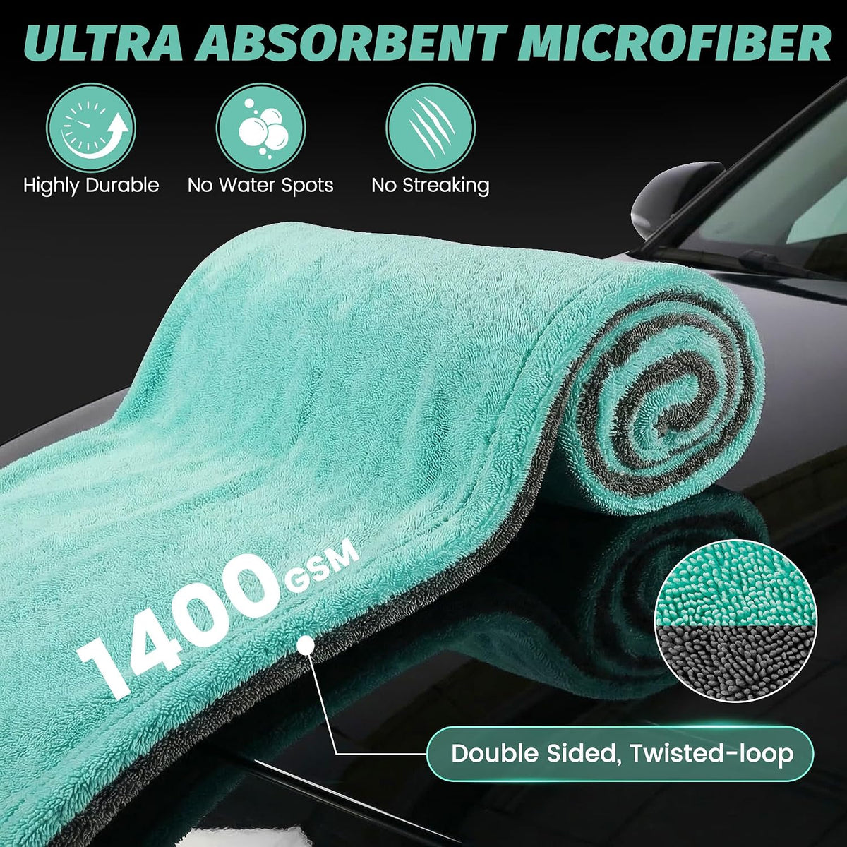 Dual Sided Microfiber Towels (48"x 24") Extra Large Ultra Absorbent Drying Towel for Cars ,Trucks; Without Streaks, Scratches, or Water Spots Double-Twist Pile & Edgeless Design (Aqua blue-Gray)