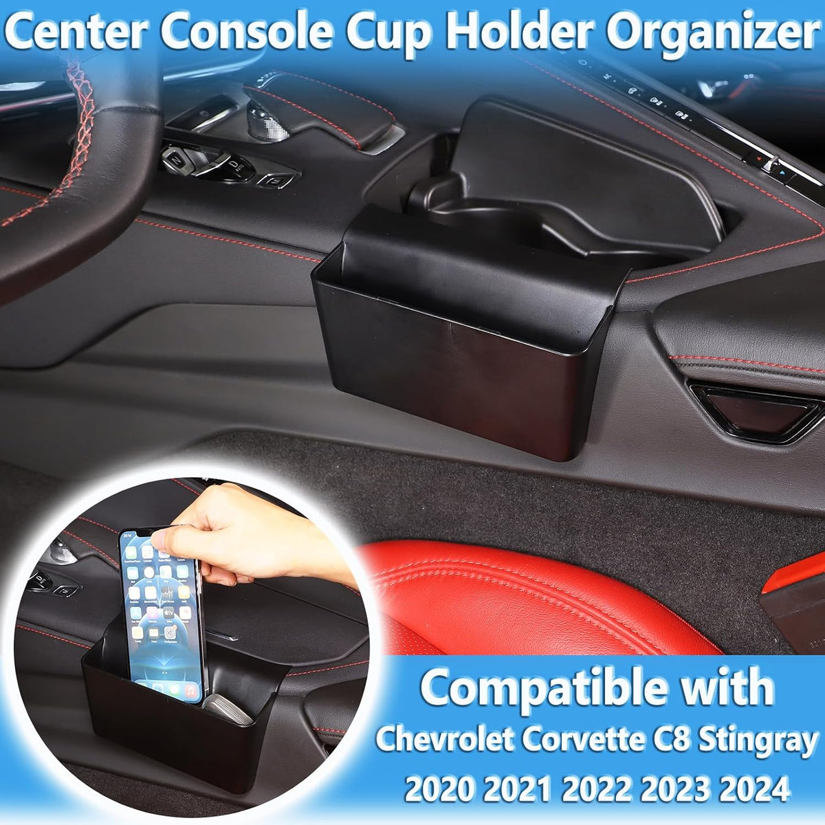 Center Console Cup Holder Organizer Compatible with Chevrolet Corvette C8 2020-2024 ABS 1PCS,Car Cup Holder Expander Storage Box,Cup Holder Hanging Insert Box Secondary Storage Tray (Black)