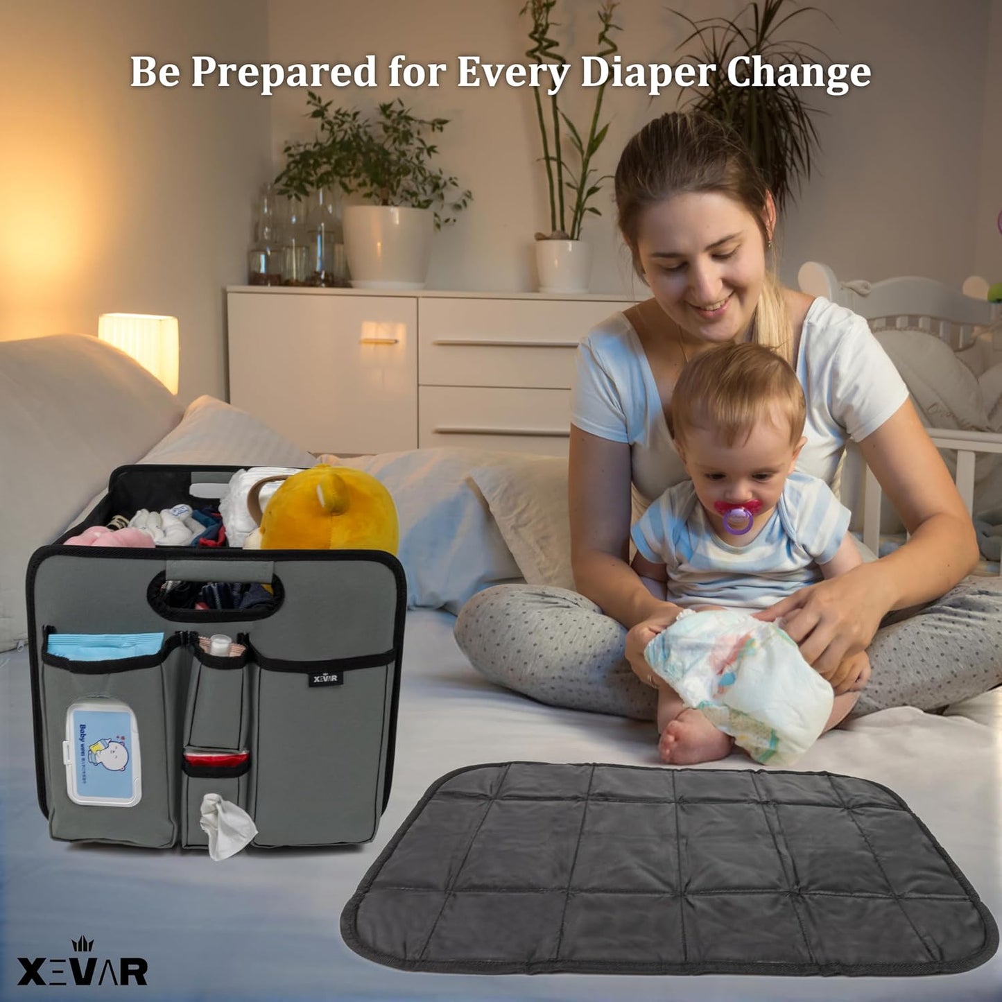 Baby Diaper Caddy Organizer with Changing Mat - Portable Car Caddy for Newborn Essentials, Diapers &amp; Wipes, Perfect for Baby Shower and New Mom | Oxford Fabric, Grey