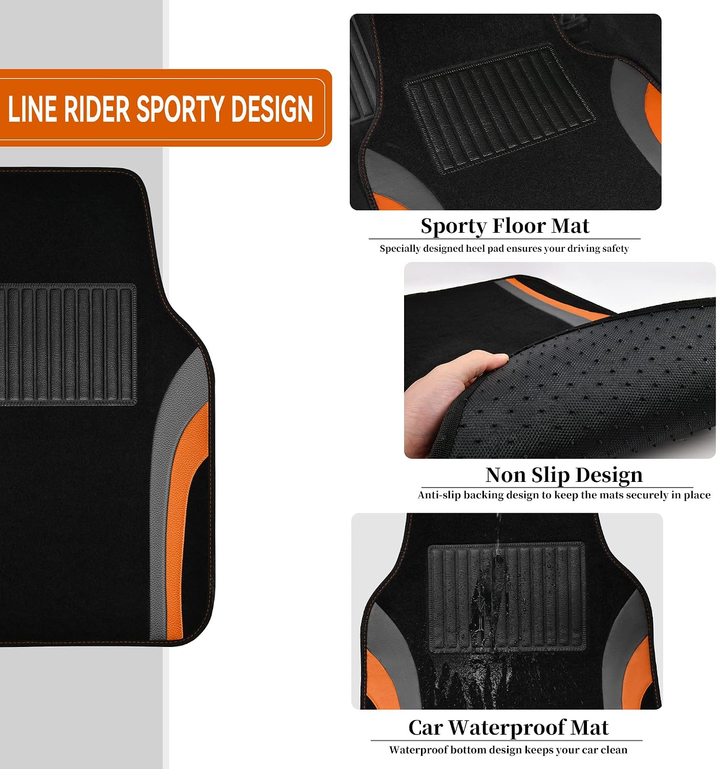 CAR PASS Leather Sporty Car Floor Mats Carpet, Universal Waterproof Automotive Floor Mat Fit for Sedans, Cars, Mid Trucks, Vans, SUV, Set of 4 (Black and Orange)