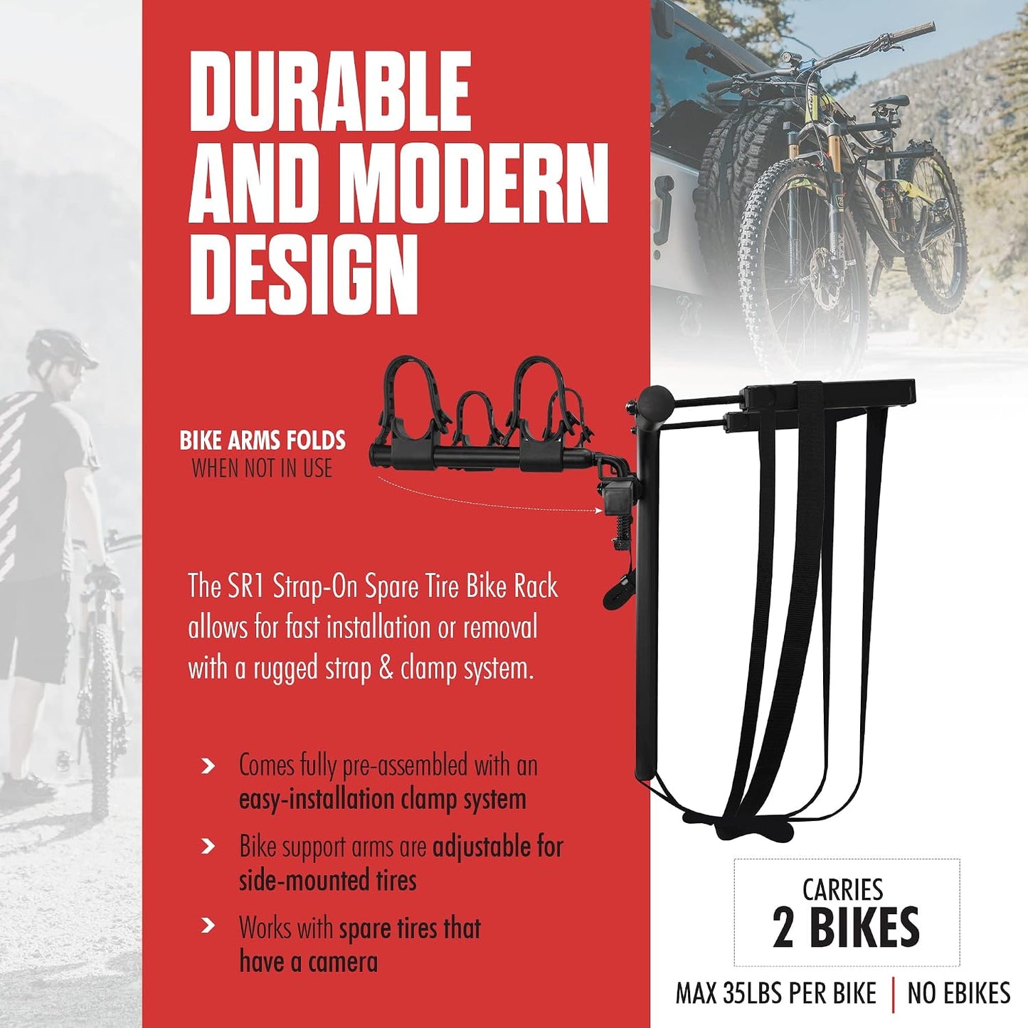 Hollywood Racks SR1 Spare Tire Bike Rack for Car for 2 Bikes, Up to 35 Lbs Each - Adjustable Rear Bike Rack for SUV, Jeep to fit Most Spare Tires - Bicycle Accessories for Adult Bikes