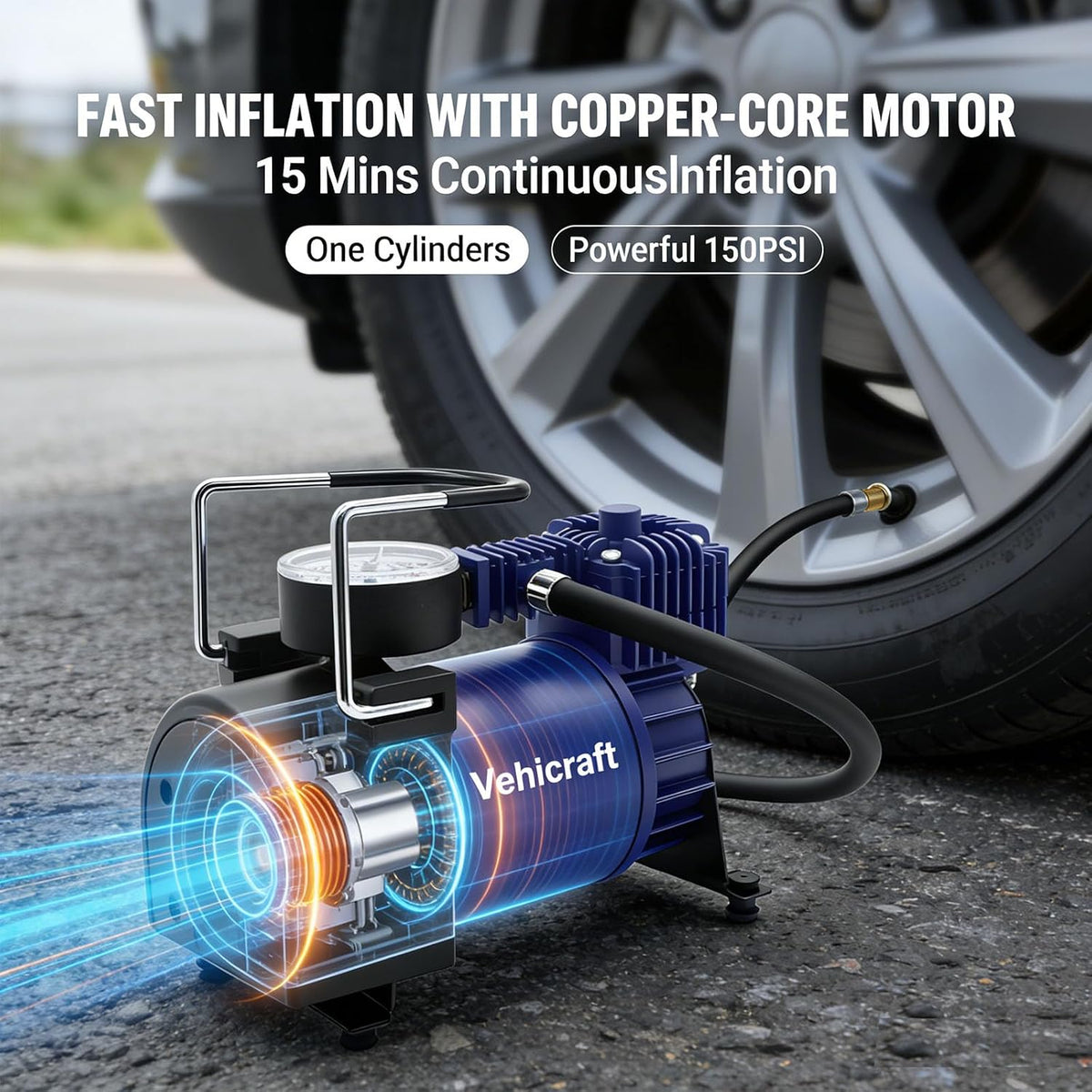 Tire Inflator Portable Air Compressor up to 150 PSI, 12V Portable Air Pump with Portable Bag, Metal Air Pump for Bicycle, Motorcycle, Car, SUV, Blue