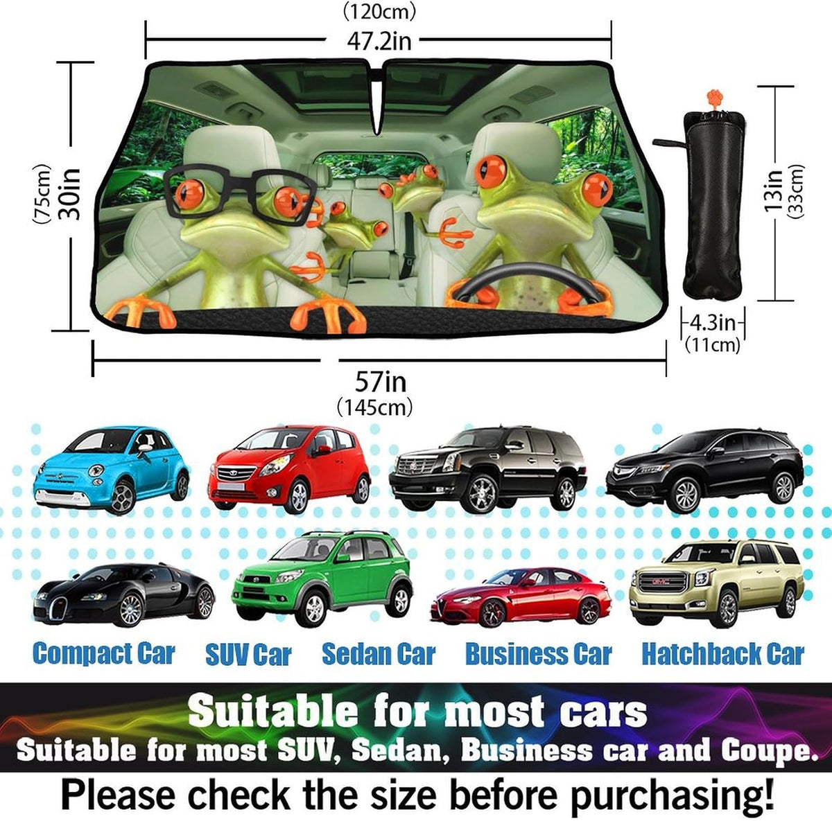 CHILL·TEK Print Frog Windshield Sun Shade Funny Frog Sun Shade for Car Front Window Block UV Rays Foldable Umbrella Windshield Sun Visor Protector Keep Vehicle Cool for Most Vehicles