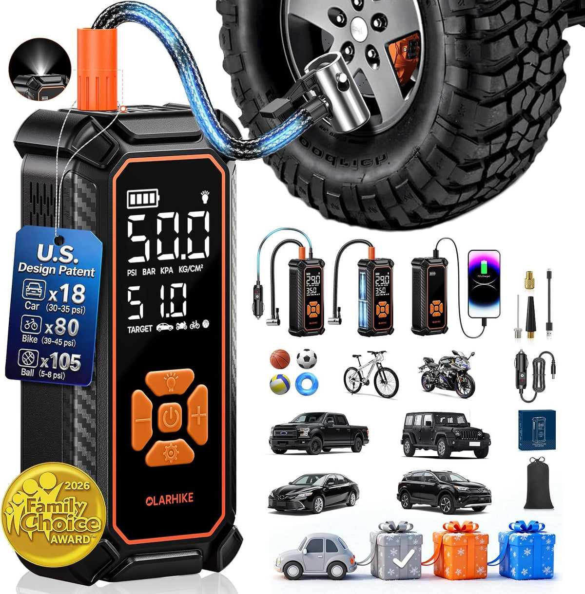 OlarHike Tire Inflator Portable Air Compressor,Dual Power-3*2000mAh &12V DC