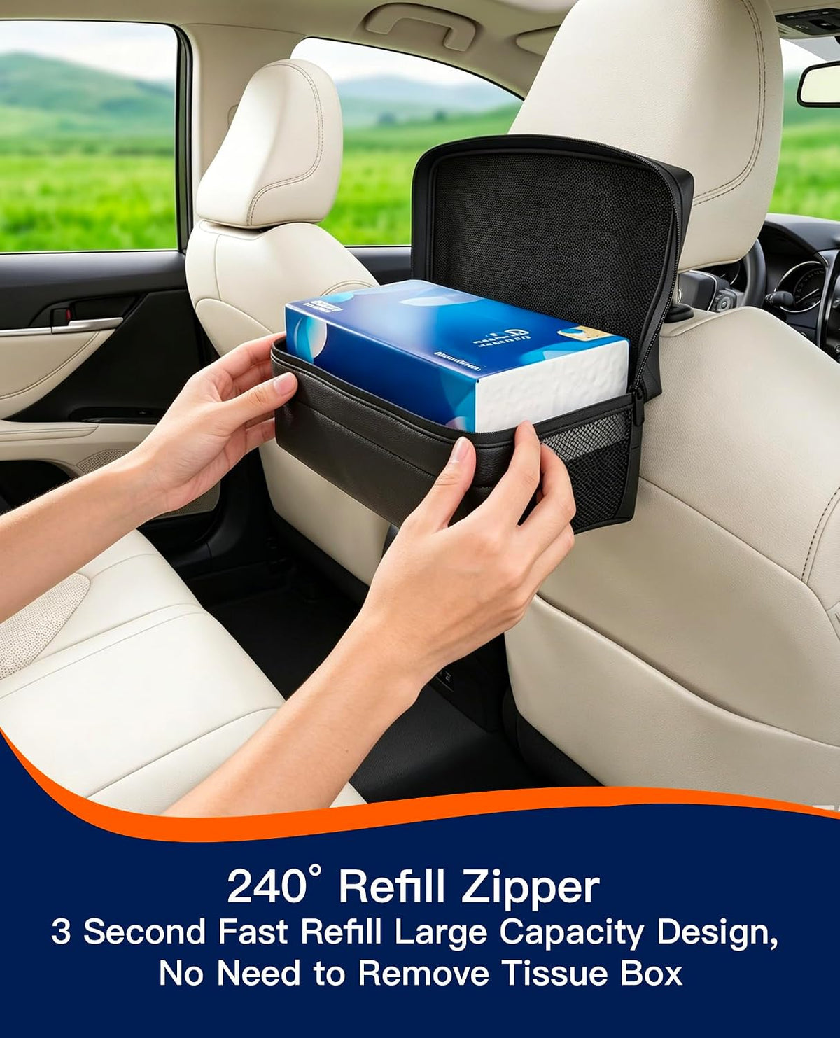 Large Car Tissue Holder PU Leather Organizer with 2 Mesh Pockets