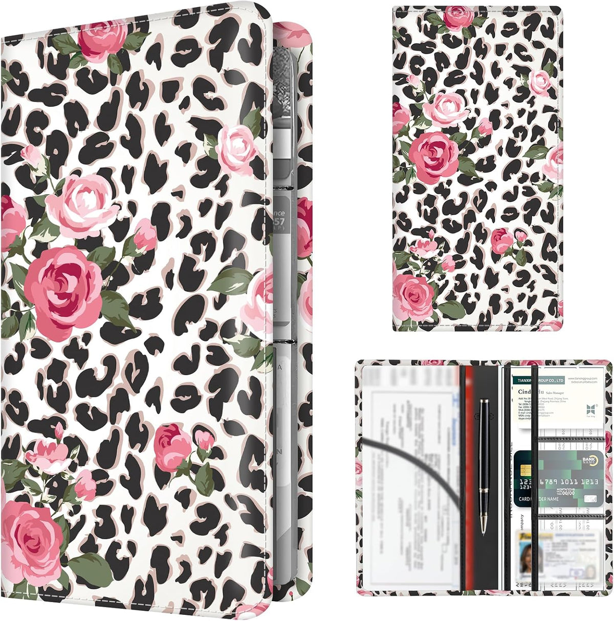 Premium Car Registration and Insurance Card Holder, Cute PU Leather Car Document Holder, Vehicle Glove Box Car Organizer with Magnetic Closure for Driver License, Cards Leopard Rose