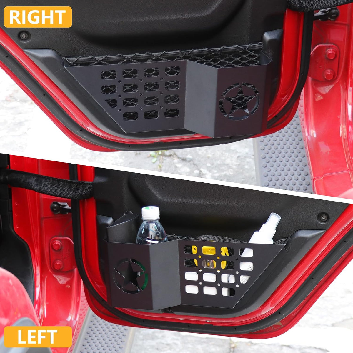 Rear Door Storage Pockets Side Insert Organizer Box Compatible with 2018-2024 2025 Jeep Wrangler JL 4 Door 4XE Gladiator JT Interior Accessories Cup Holder Expansion Tray 1Pair Metal Black Star