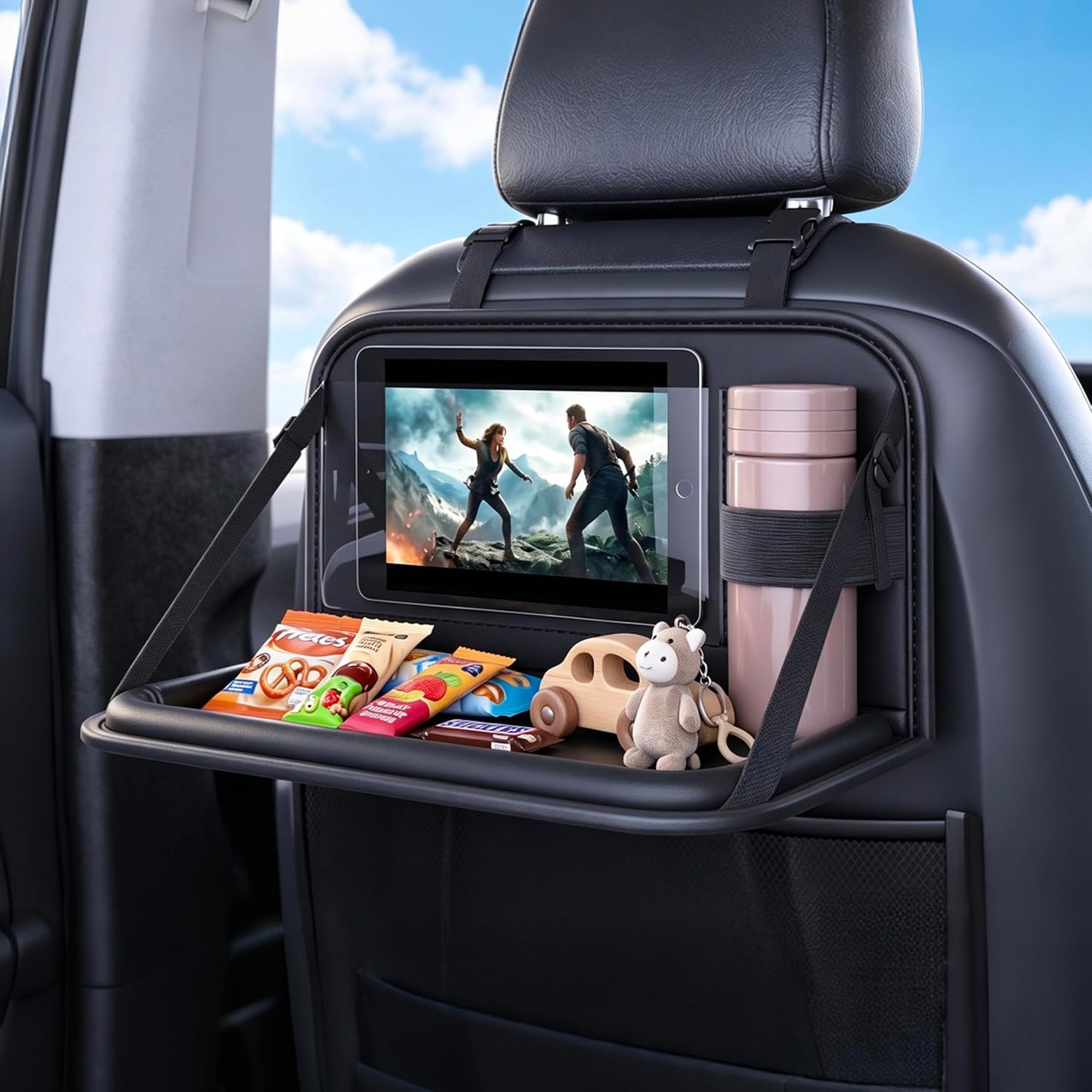Backseat Car Organizer with Foldable Tray &amp; Tablet Holder | Easy to install, durable &amp; easy to clean, space-saving, ideal for rear passengers and kids, for road trip dining and working