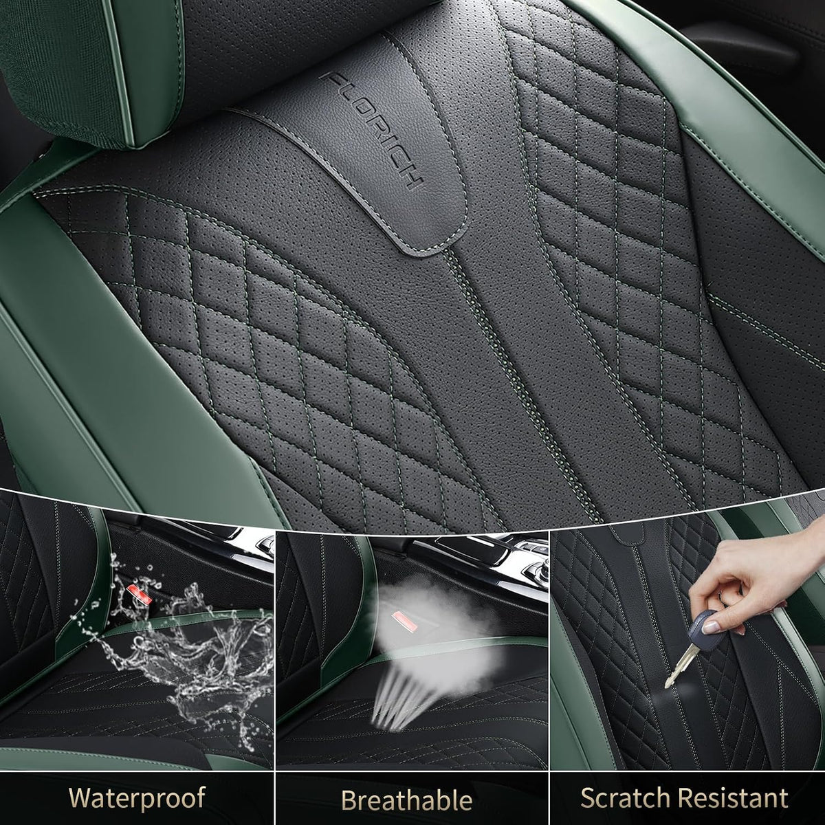 FLORICH Leather Seat Covers Full Set Automotive Car Seat Cover Front and Back Waterproof Auto Seat Covers Full Coverage Car Seat Protector Cushion Universal Fit for Most Cars SUV Trucks, Black&Green