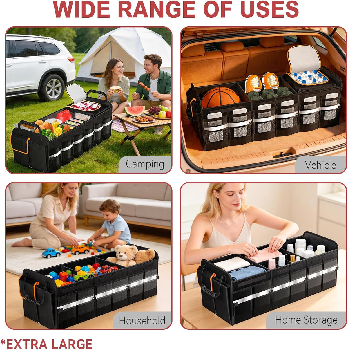 XL Heavy-Duty Trunk Organizer for Car, 6 Adjustable Compartments & Cooler | Car Trunk Organizer With Lid & Removable Leakproof Cooler Bag, Reinforced Panels, Non-Slip Base, Tie-Down Straps For Sedan