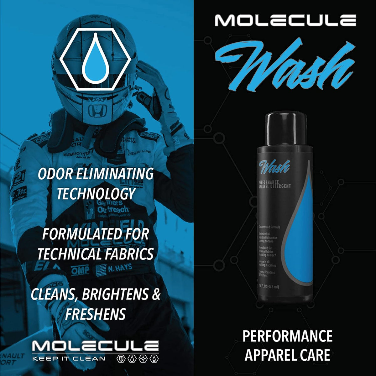 Molecule Wash Kit | Cleans Race Suits &amp; Auto Surfaces | Brightens Technical Fabrics, Removes Oil, Rubber &amp; Grime from Cars, Trucks &amp; Accessories – 4 oz Apparel Wash + 16 oz Wash+Shine Car Soap