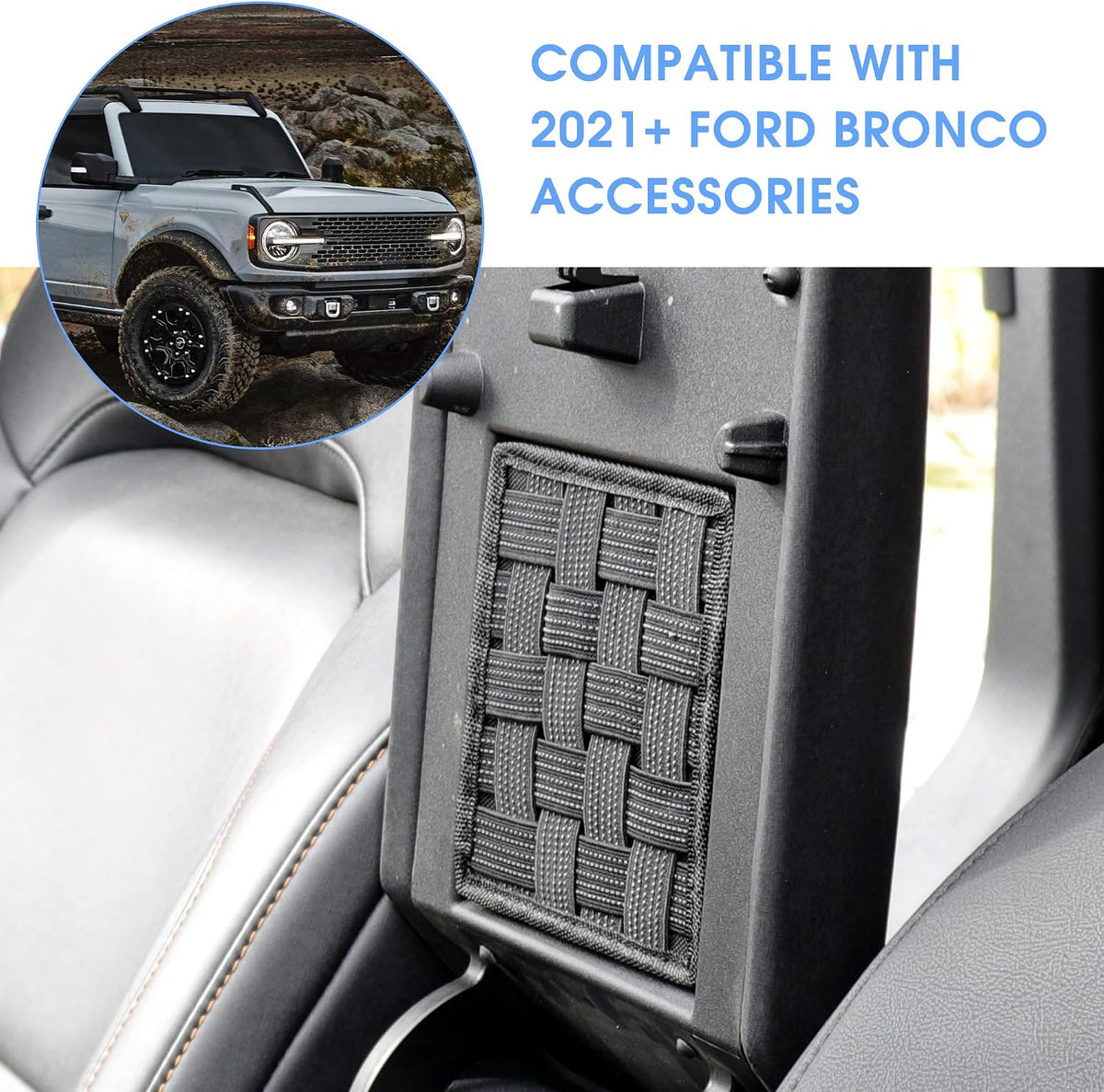 sukemichi Center Console Organizer MOLLE Panel for Ford Bronco Accessories 2021-2025 2026 Armrest Organizer Storage Holder Tactical Pouch Multi-Purpose Utility Gadget Gear Tool Bag