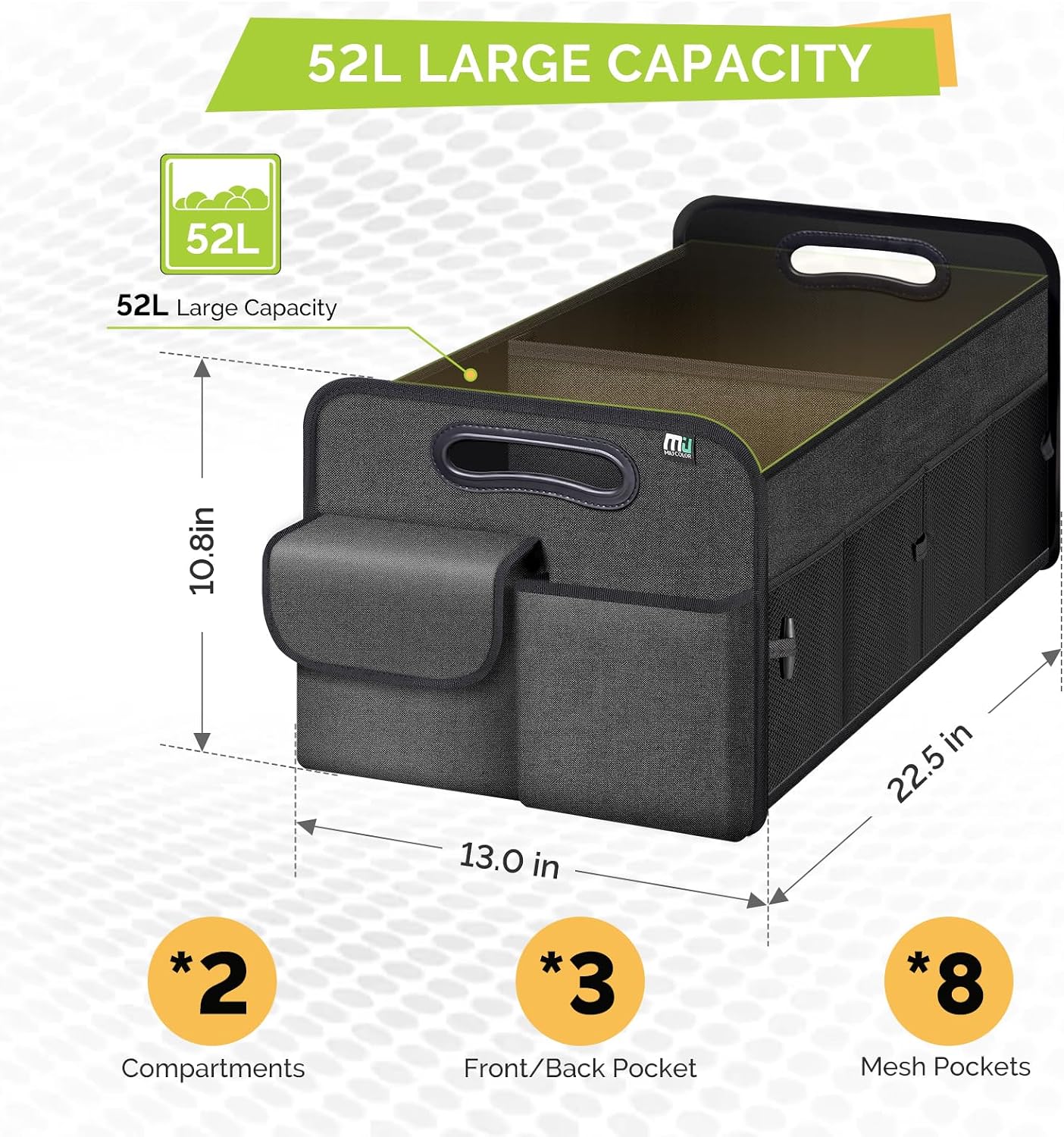 MIU COLOR Trunk Organizer for Car, Car Organizer, 8 Mesh Pockets Trunk Organizer for SUV, Non-Slip Bottom, Storage Organizer for Sedans, Van, Jeep, Grocery, 2 Compartments, Black 22"x13"x11"