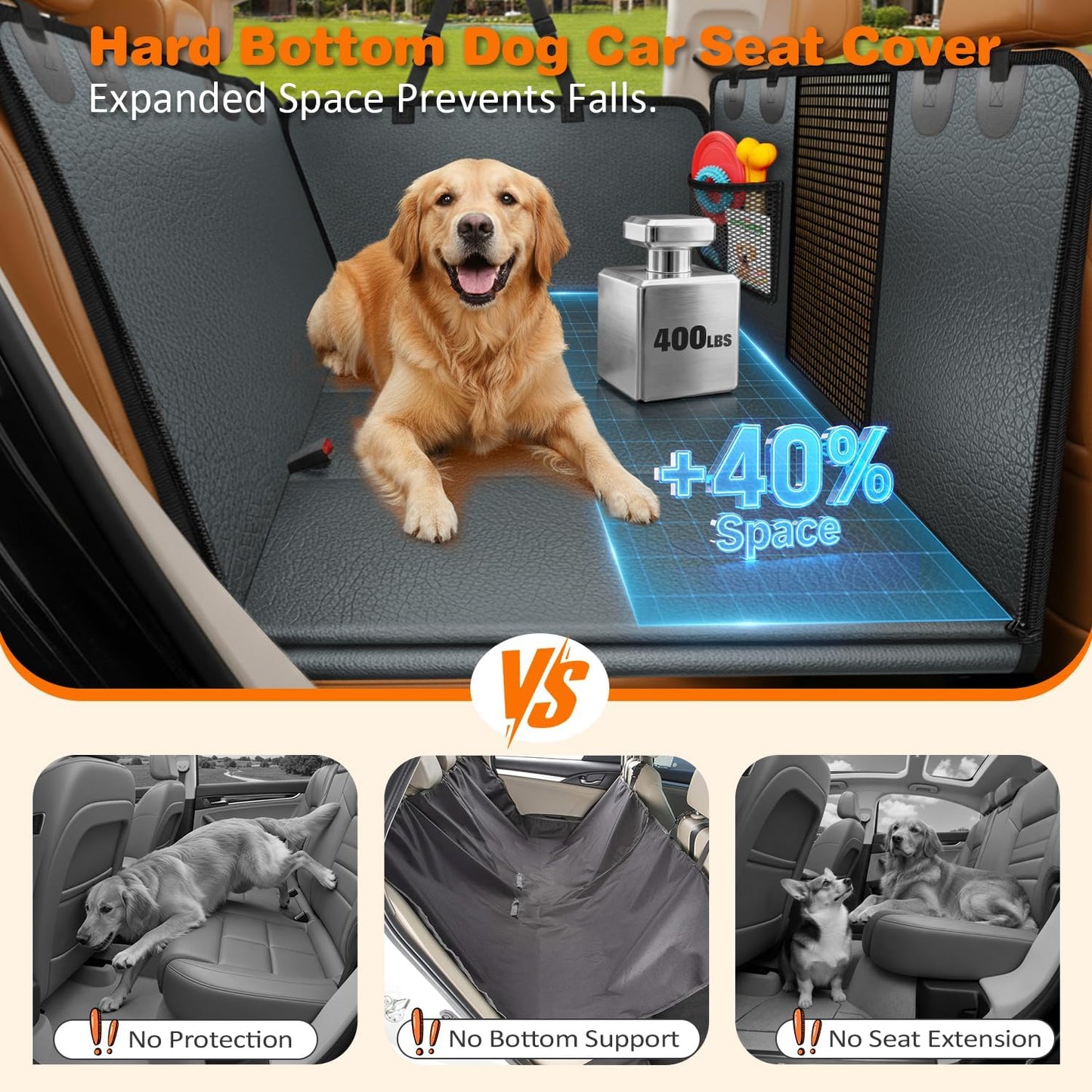 URPOWER PU Leather Backseat Extender for Dogs, Hard Bottom Dog Car Seat Cover for Back Seat, Holds 400 LBS, Waterproof Dog Car Hammock Anti-Scratch Pet Rear Seat Protector Travel Bed for Car and SUV