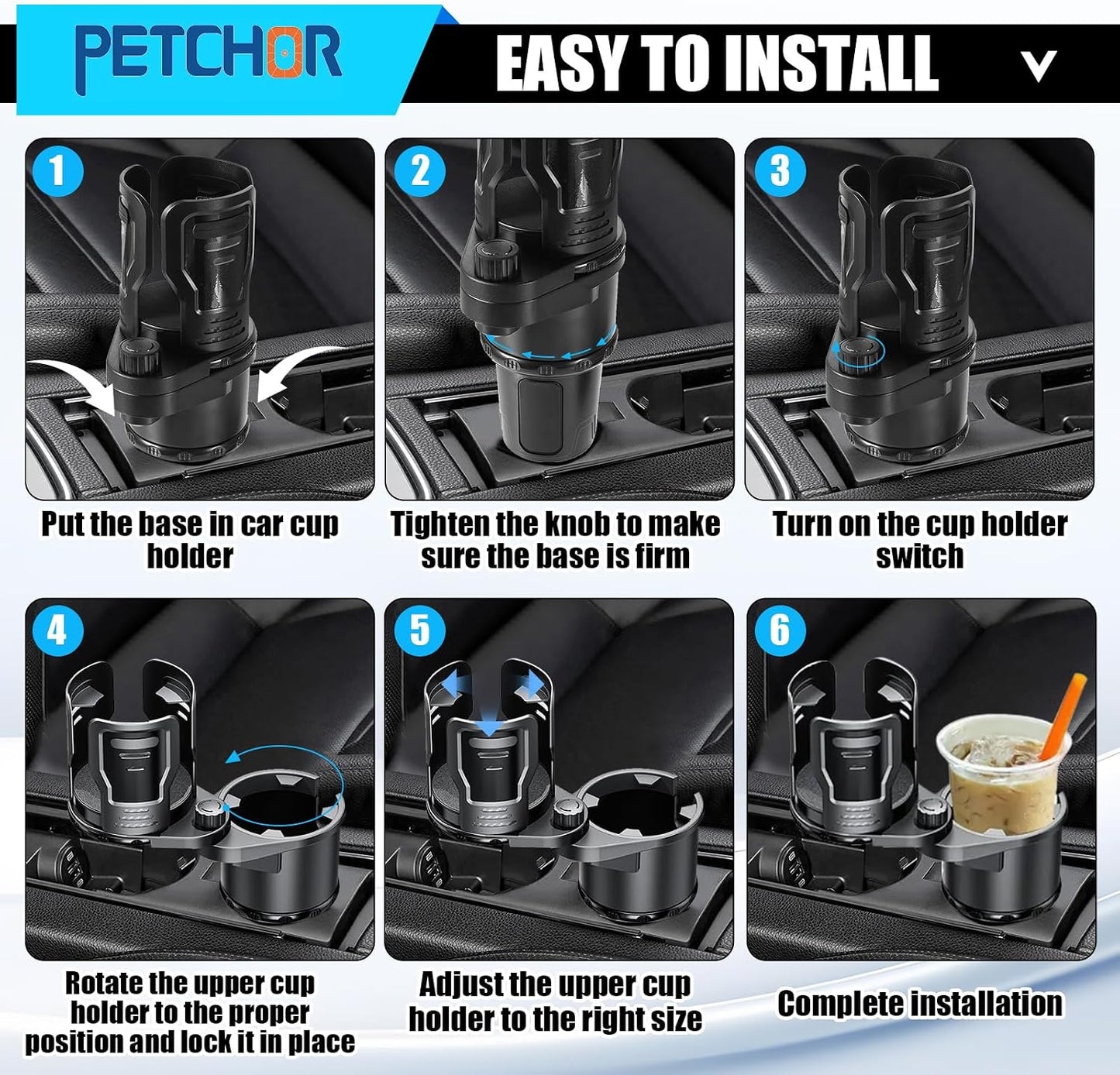 2 in 1 Expandable Cup Holder, 360° Rotating Cup Holder Expander for Car with Locking Function, All Purpose Car Cup Holder Base