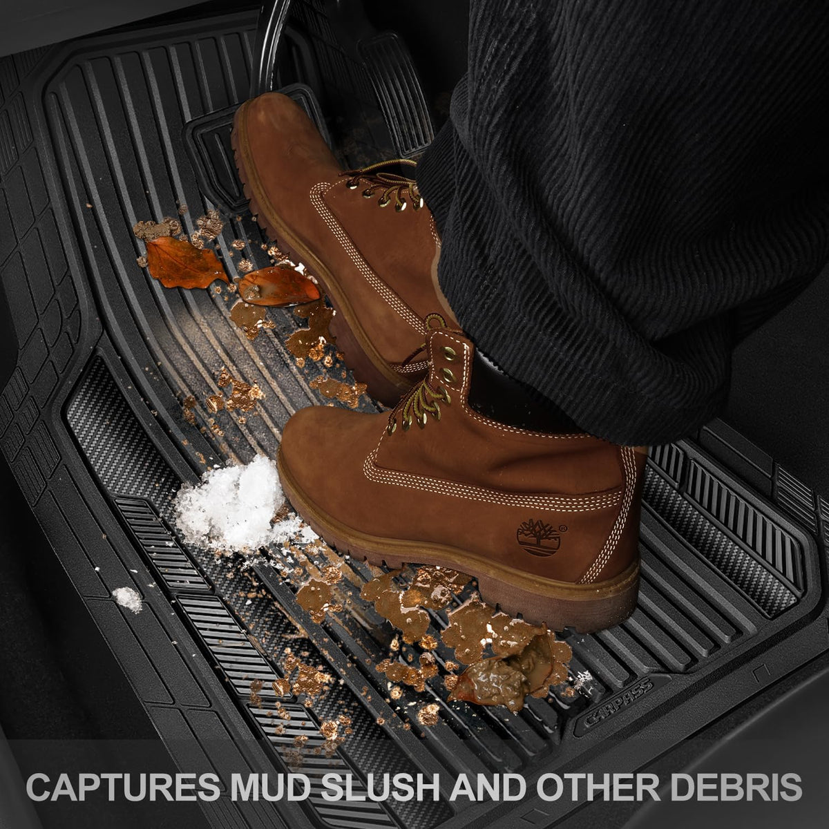 CAR PASS Heavy Duty Rubber Car Mats Metallic,Aluminum Film All Weather Floor Mats Waterproof Universal Trim to Fit SUVs Sedans Vans 4 Piece Anodized Deep Dish Two-Tone Sporty Carbon Fiber Black Chrome