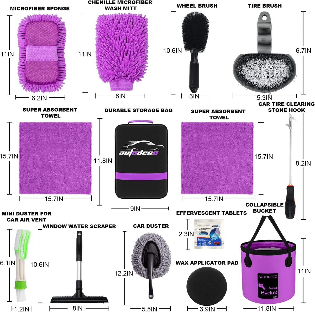 22Pcs Car Wash Cleaning Tools Kit Car Detailing Set with Canvas Bag Purple Collapsible Bucket Wash Mitt Sponge Towels Tire Brush Window Scraper Duster Complete Interior Car Care Kit