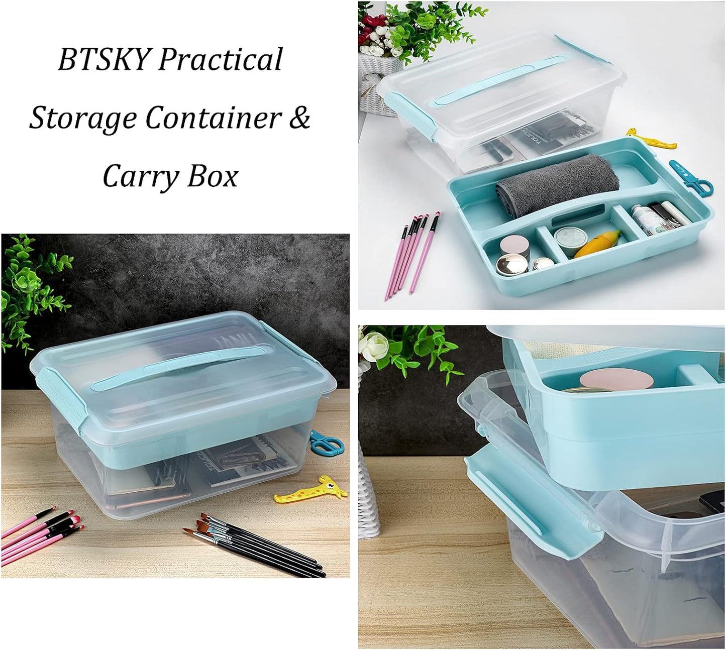 BTSKY Stack & Carry Box, Clear Plastic Storage Container Stackable Home Utility Box with Removable Tray Multi-Purpose Storage Bin for Organizing Stationery, Sewing, Art Craft Supplies(Blue)