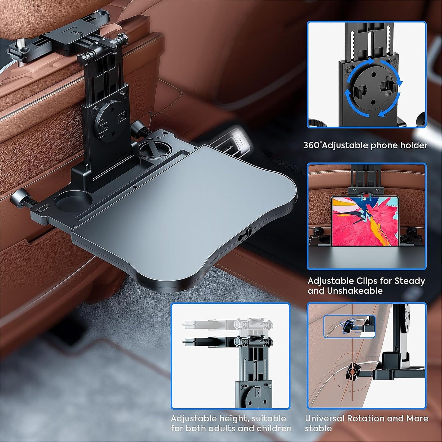 Car Seat Tray, Car Back Seat Tray Table for Kids, Foldable Travel Tray for Rear Passenger Seat, Car Food Trays for Eating, Car Desk for Laptop Working on the Road with Non-Slip Mat