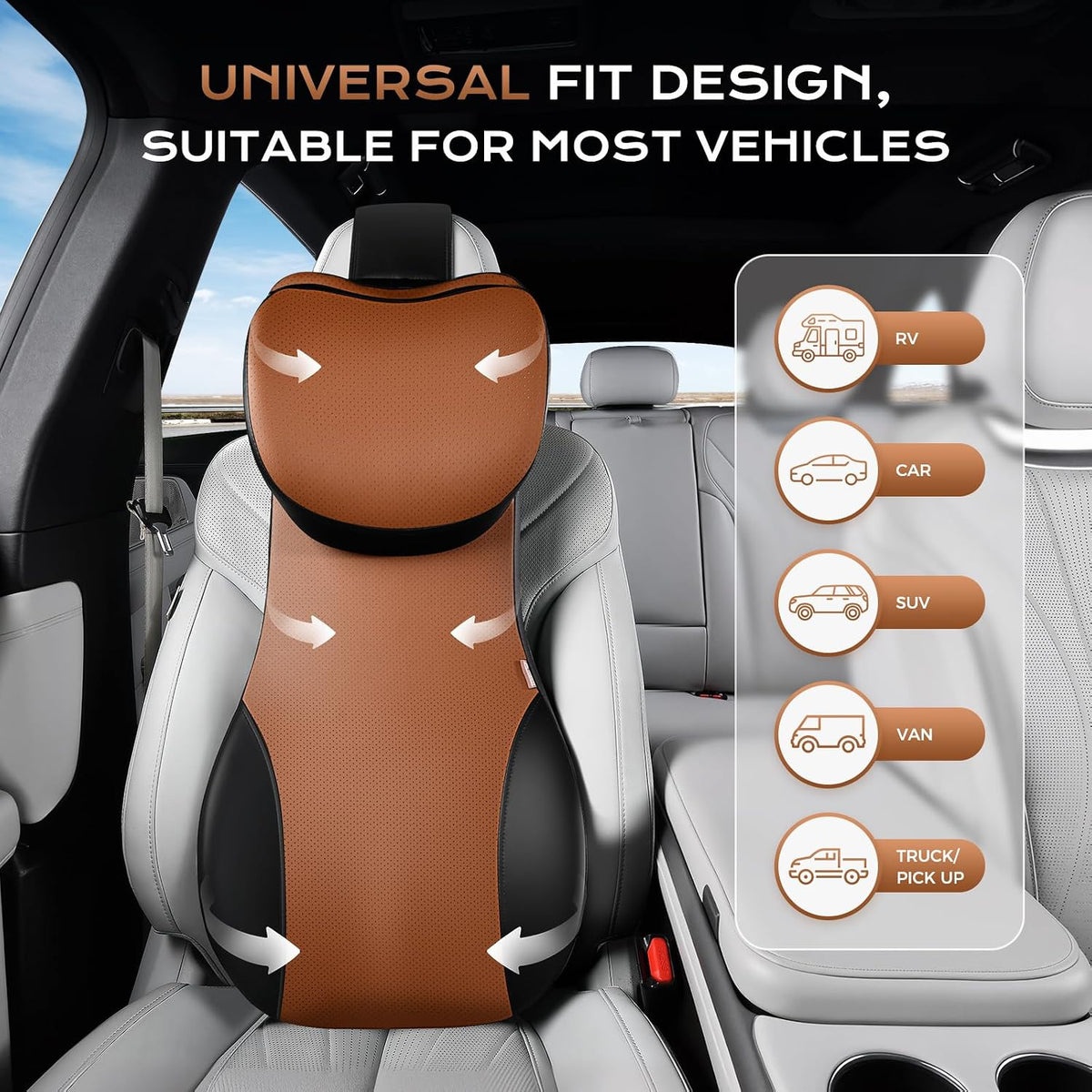 Coverado Neck and Lumbar Support for Car, Ergonomic Memory Foam& Breathable Leather Car Back Support, Adjustable-Height Velcro Design Car Neck Pillow, Car Cushion Neck Back Pain Relief, Black&Brown