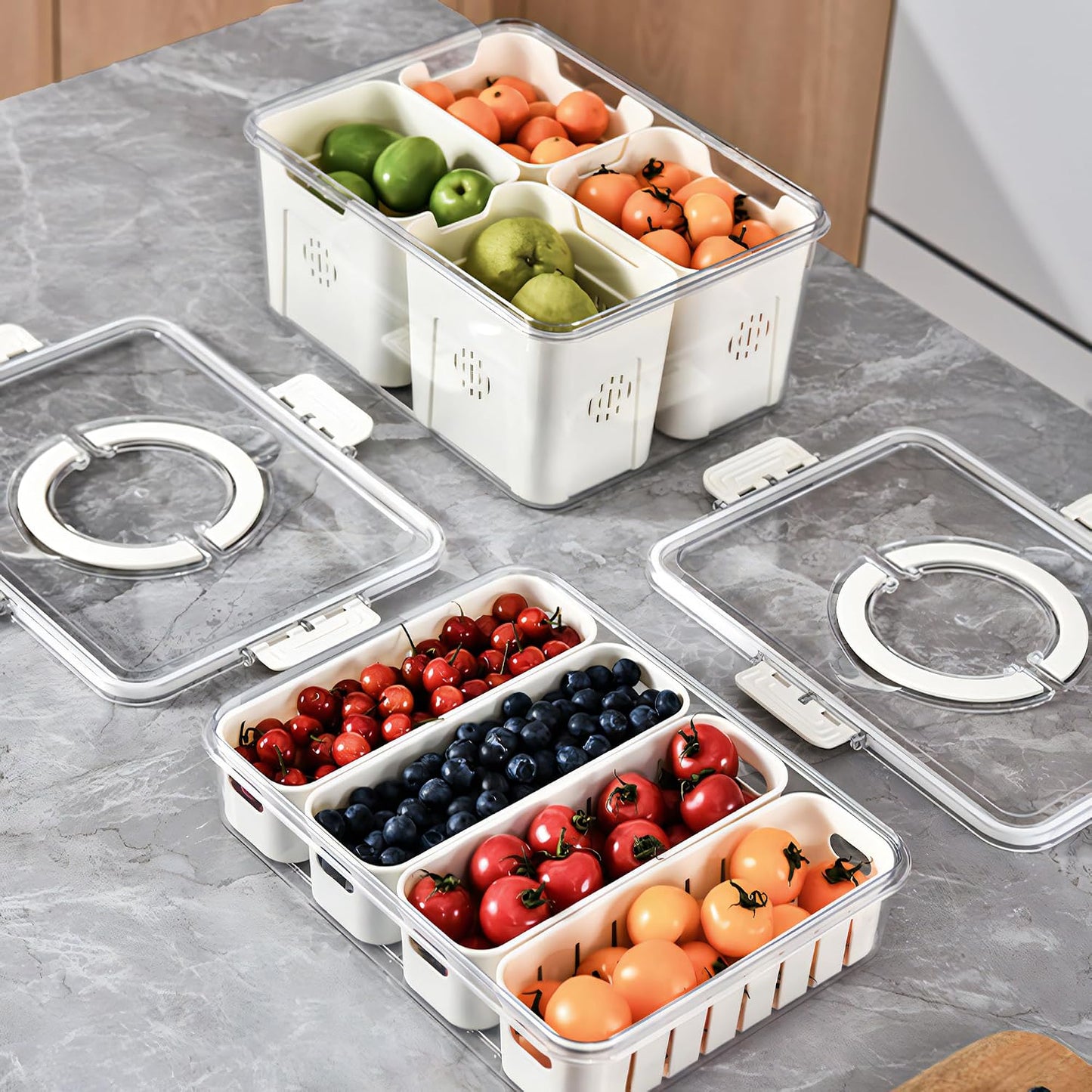 Divided Snackle Box with Lids Stackable Food Serving Tray for Fruit&Veggie Plastic Fridge Storage Container for Pantry Freezer Clear Snack Box for Meal Prep Candy Nuts Spice
