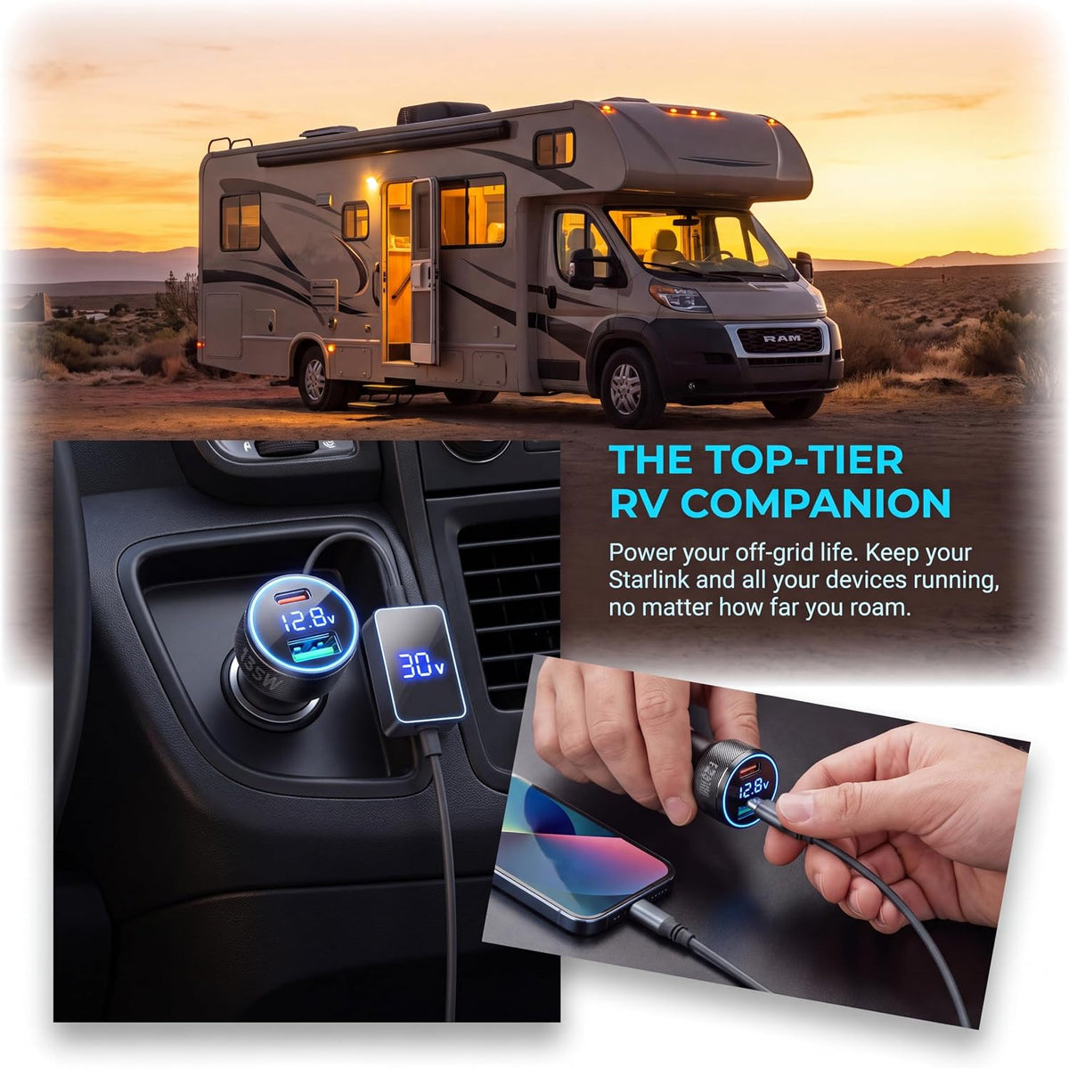 Starlink Mini Car Adapter 12v to 30v, 10FT Cable, PD-45W+USB-30W, 3 in 1