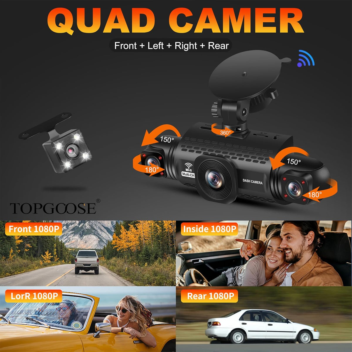 4 Channel Dash Cam 360° View,TOPGOOSE 2K Front and Rear Inside, Left Right Dash Camera for Cars,8 IR Lamps Night Vision,5G WiFi & APP Control,G-Sensor,Parking Mode,with a Free 64GB SD (3.18 inches)