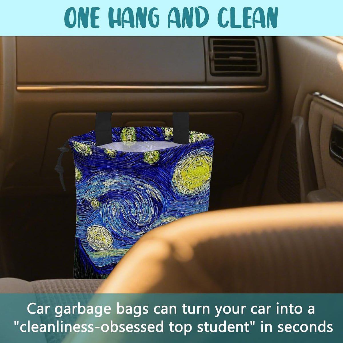 Car Trash Bag Abstract the Starry Night Leak-Proof Car Garbage Bag with Drawstring Foldable Canvas Trash Bin with Adjustable Buckle for Car Accessories