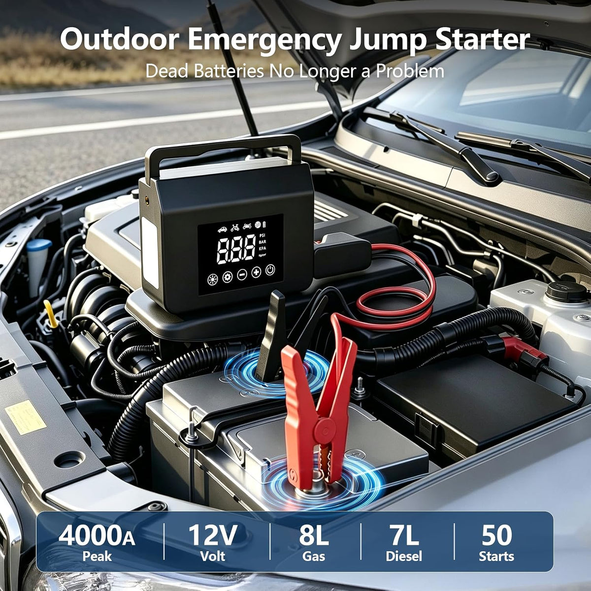 FUNAURORE 4000A Car Battery Jump Starter with Air Compressor 150PSI
