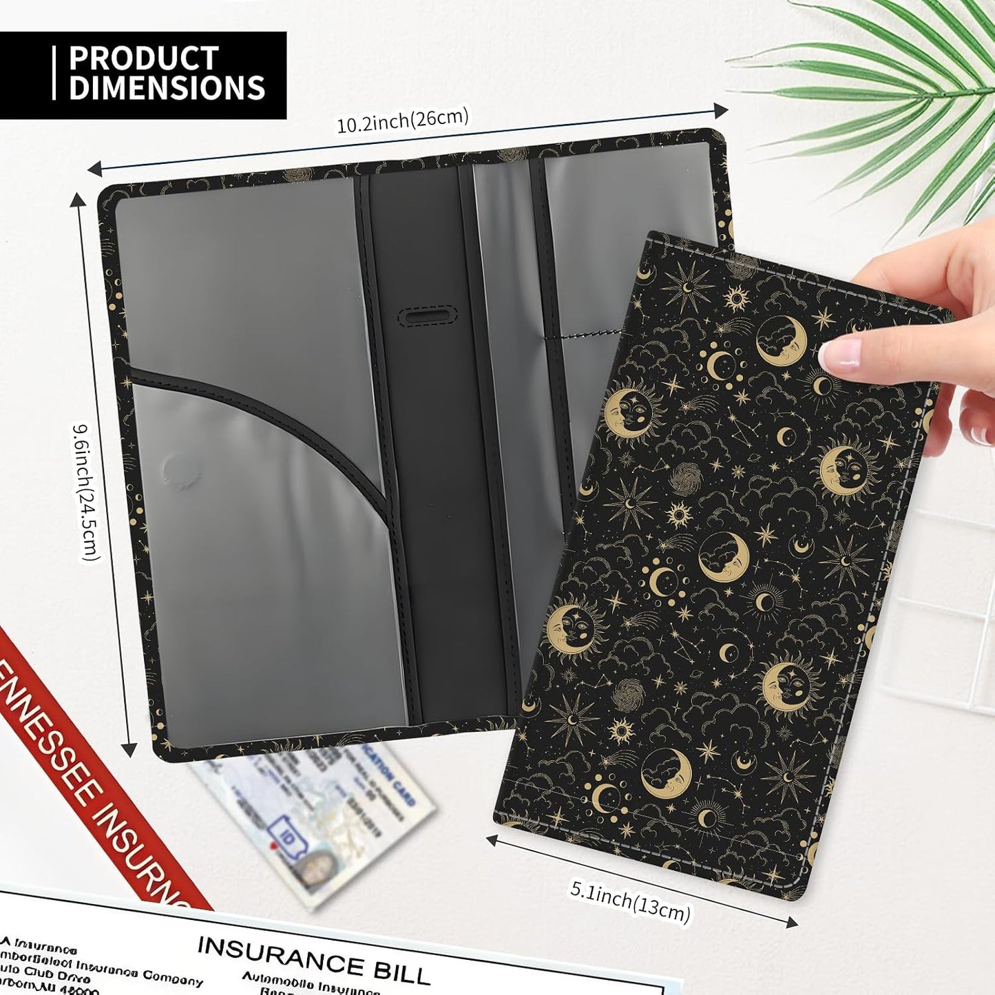 Leather Car Registration and Insurance Card Holder, Cute Car Accessories Vehicle Glove Box Car Organizer for Documents, Cards, License Cute Boho Sun Moon