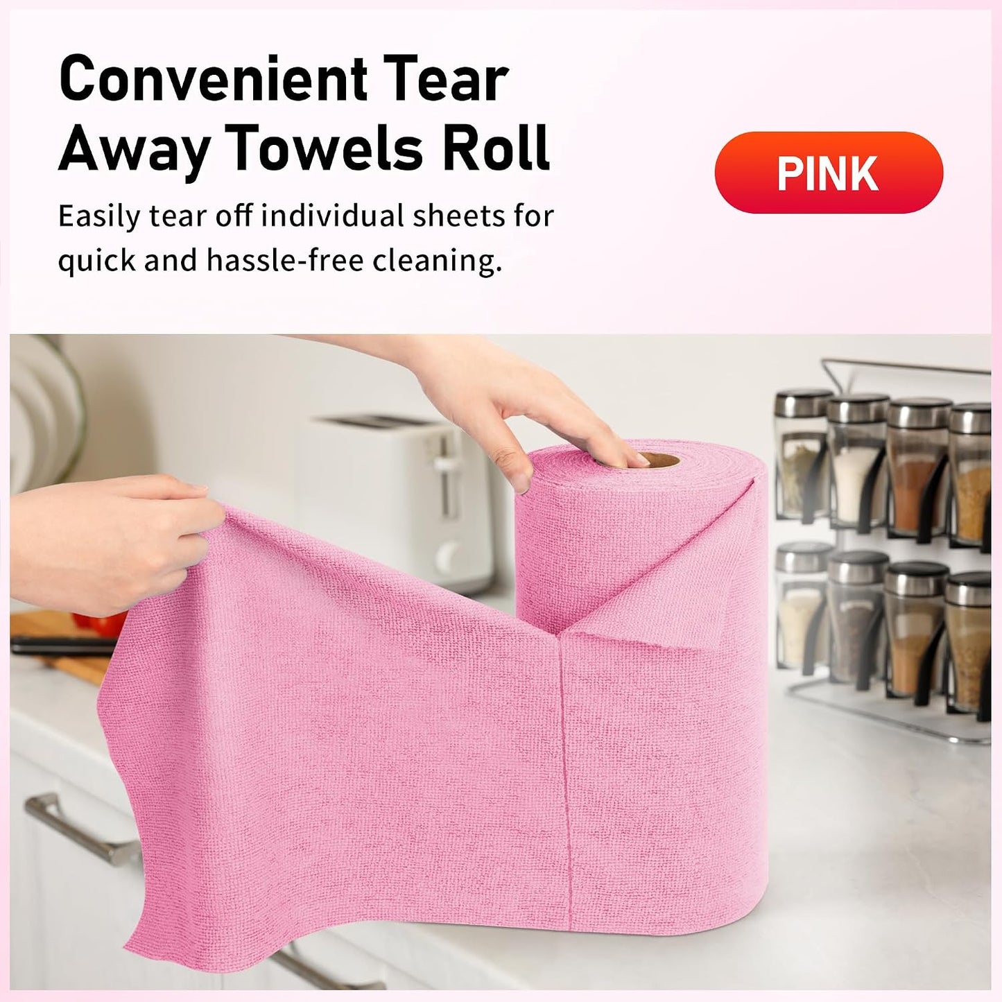 Microfiber Cleaning Cloth Roll, 75 Pack Tear Away Microfiber Towel, Reusable Washable Shop Towels, Lint Free Cleaning Rags for Car Home Kitchen Garage & Automotive 11.5"x11.5" Pink
