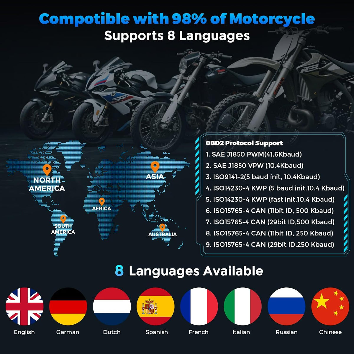 Motorcycle System Diagnostic Measurement Tool, Moto OBD2 Scanner with Voltage Test, Motorcycle Fault Code Reader with Quick Test Compatible for Yamaha, Honda, Kawasaki, Generation, KYMCO, SYM