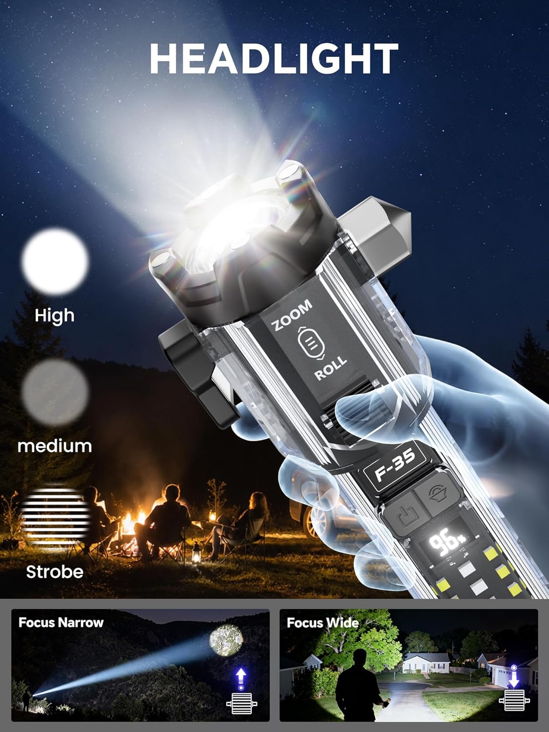Yemao Car Emergency Flashlight with Seatbelt Cutter & Window Breaker, Tactical EDC Light with Alarm, Focusable Main Beam, Side Work Light, Red Blue Strobe Warning Light for Vehicle Self-Rescue