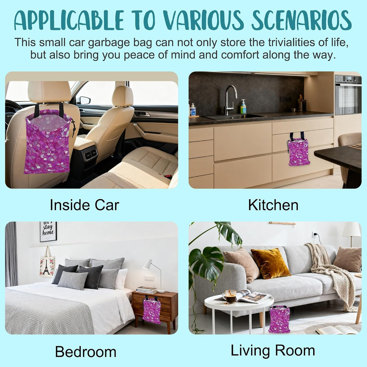 Car Garbage Bag Pink and Purple Hexagonal Hanging Canvas Car Trash Bag Drawstring Car Back Seat Organizer for Car Back Front Seat Console with Adjustable Buckle