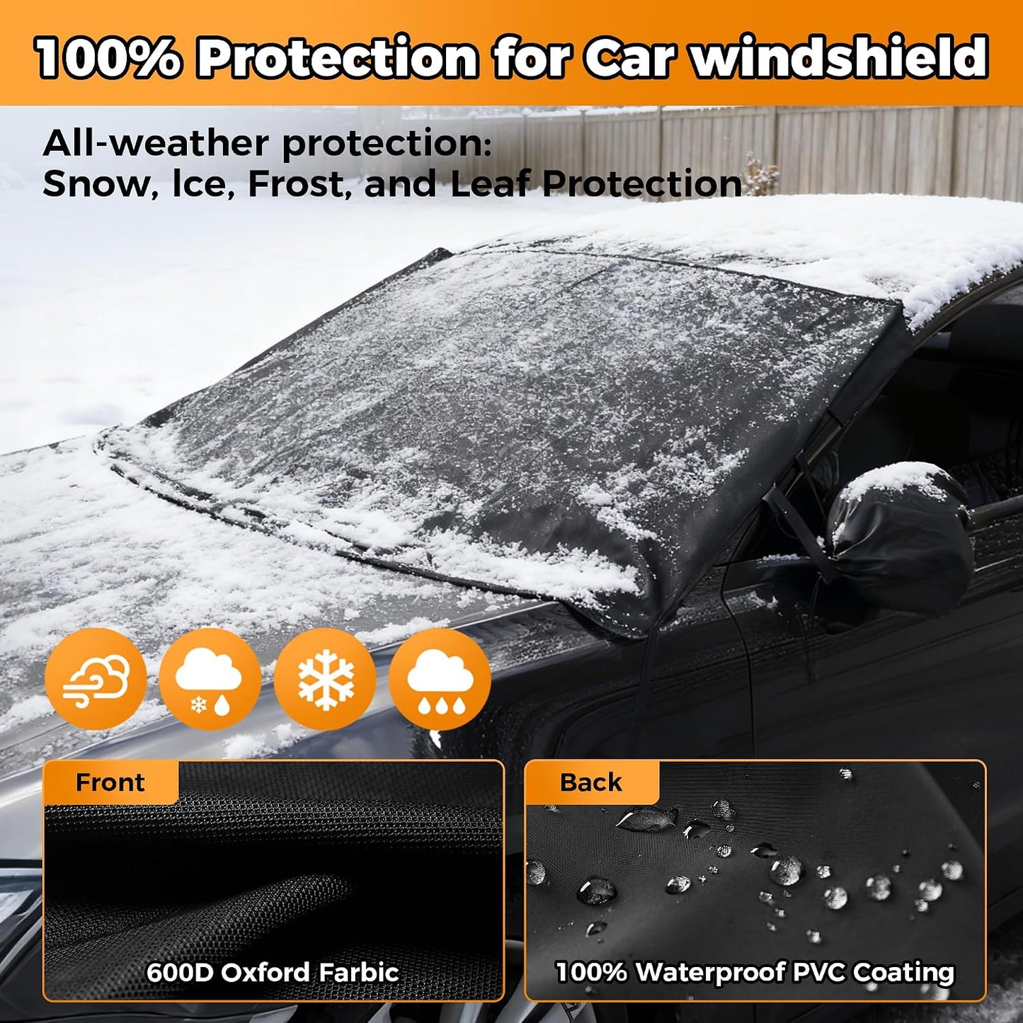 Windshield Cover for Ice and Snow Heavy Duty 600D Oxford Fabric Magnetic Windshield Protector for Car SUV Truck Windproof Waterproof Frost Cover with Side Mirror Covers (Medium (69"x42"))
