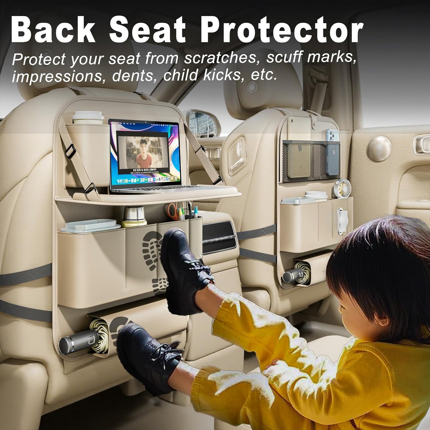 XDV Car Seat Organizers,Multi-functional Back Seat Protectors, Storage Pouches, Child kicking prevention and Tray Holders (for Cars, Kids, Seat Back and Rear Seats) (Beige, 1 Pcs)
