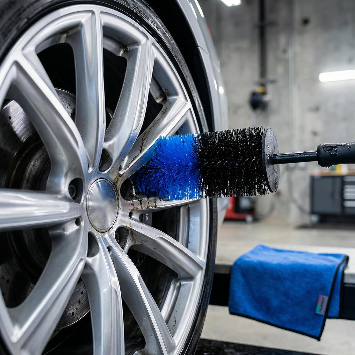 Wheel Tire Detailing Brush, Soft Bristle Wheel Cleaning Brush for Tires, Rims, Fender Wells and Exterior Surfaces, Long Handle Car Wash Brush (Blue)