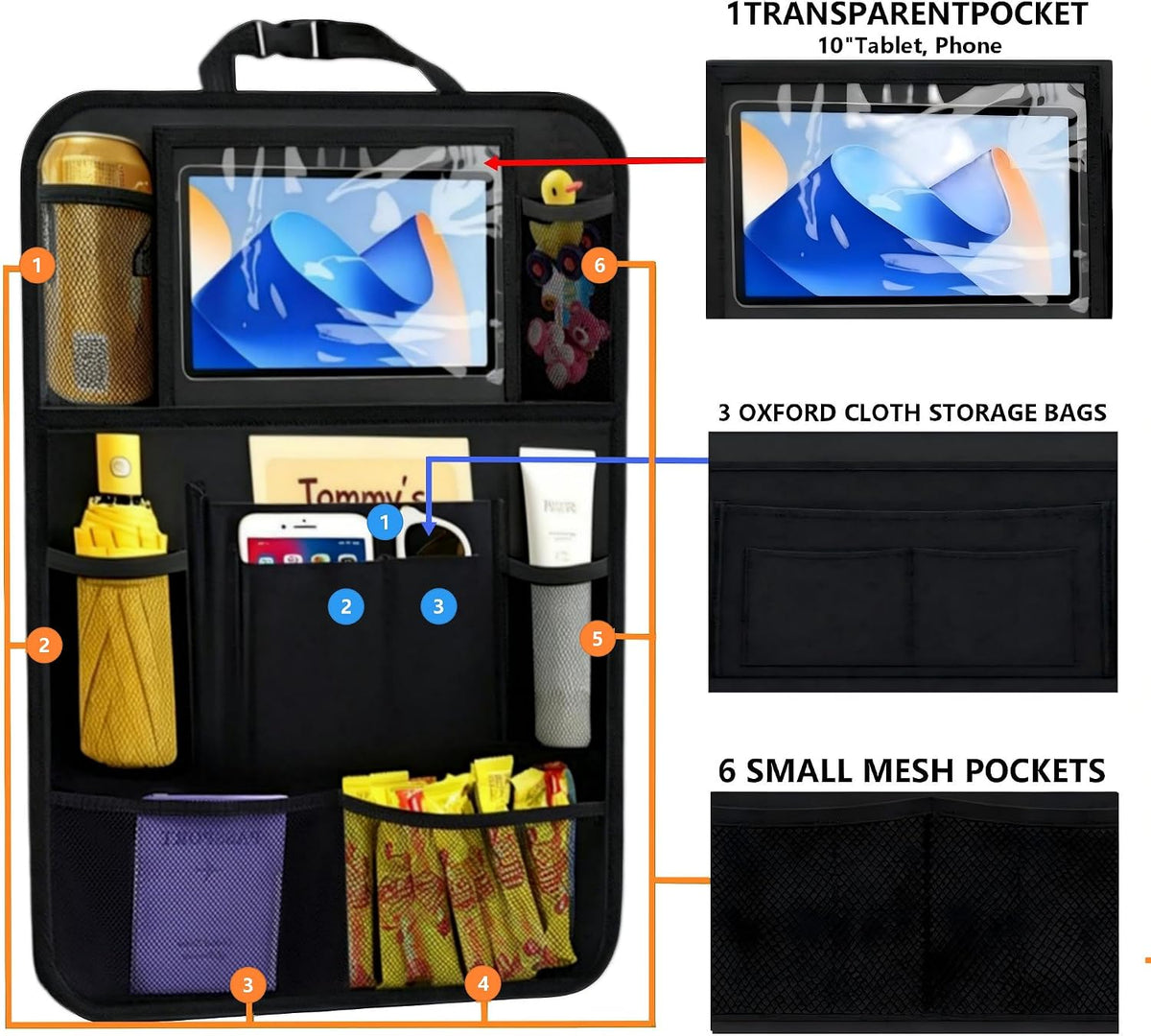 TCJJ Car Backseat Organizers with 10" Touch Screen Tablet Holder&9 Storage Pockets,Back Seat Organizer for Kids Waterproof Car Seat Organizer,Black/2 Pack