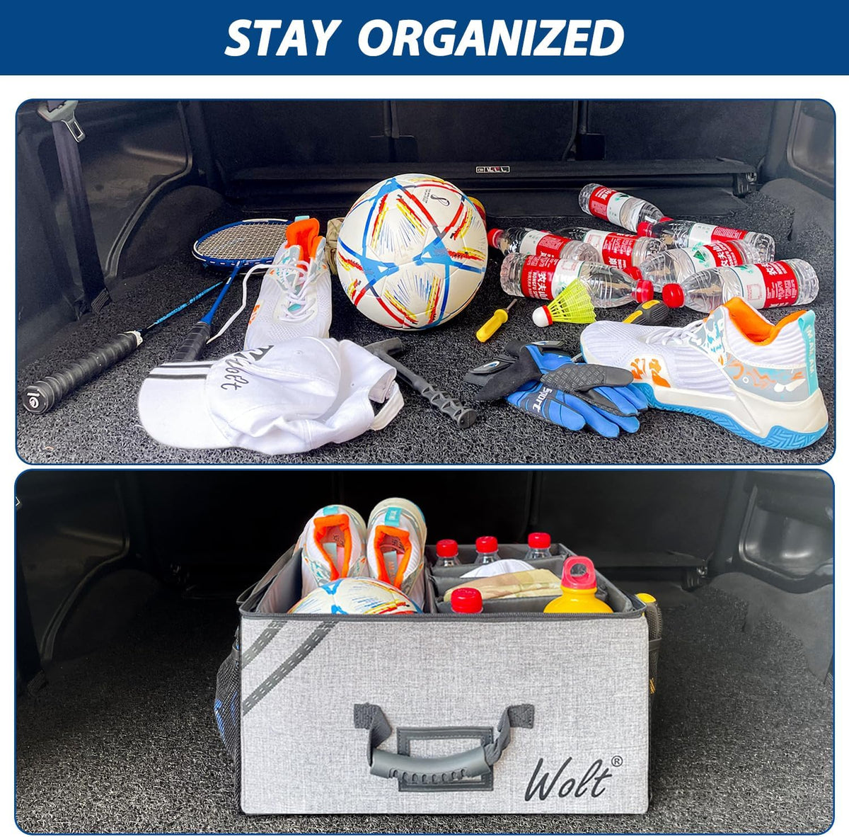 WOLT Car Trunk Organizer with Lid, Collapsible Multi Compartment SUV Organizer with Non-Slip Base Adjustable Straps