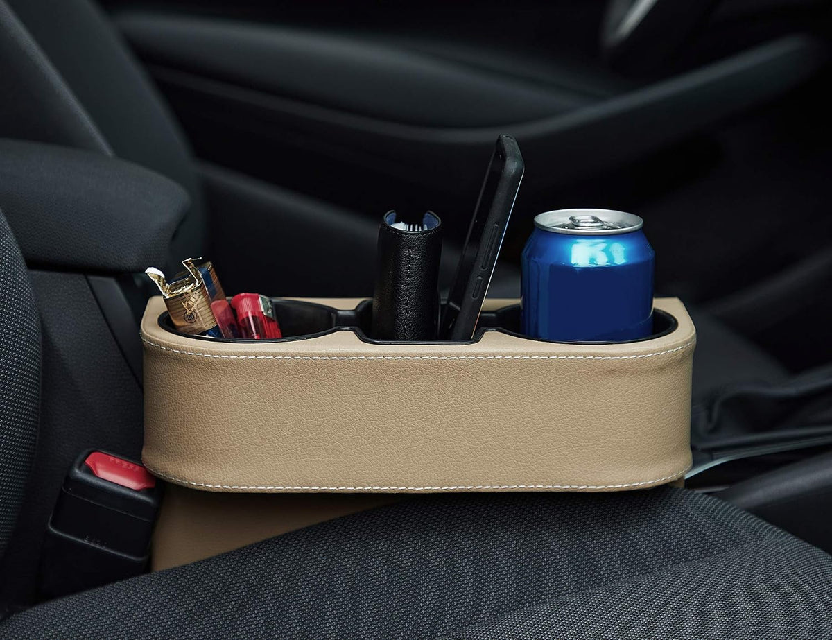 IOKONE Cup Holder for Car, Console Side Pocket, PU Leather Cover, Beige