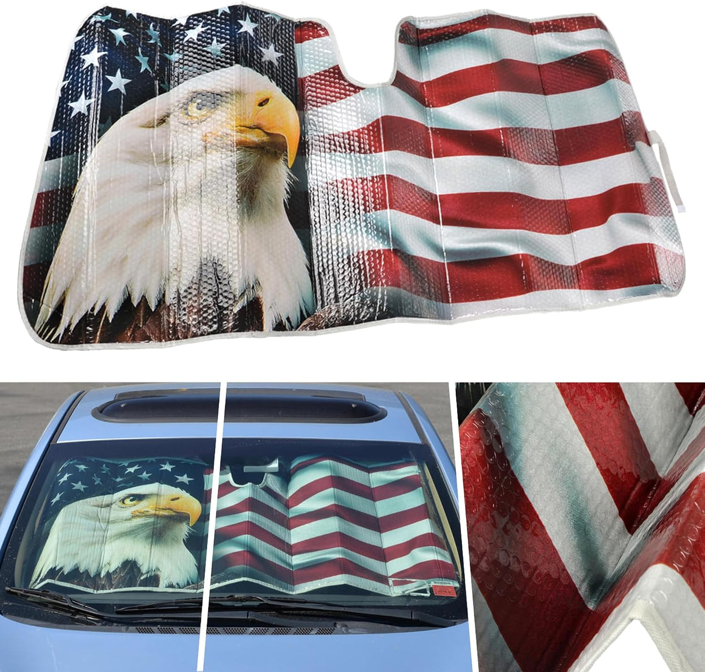 BDK USA Patriotic American Flag Sun Visor for Car Windshield Cover - Bald Eagle Truck Window Shade 4th of July Car Flag Sun Visor for Truck Windshield Sunshade - Accordion Windshield Sun Shade 58 x 28
