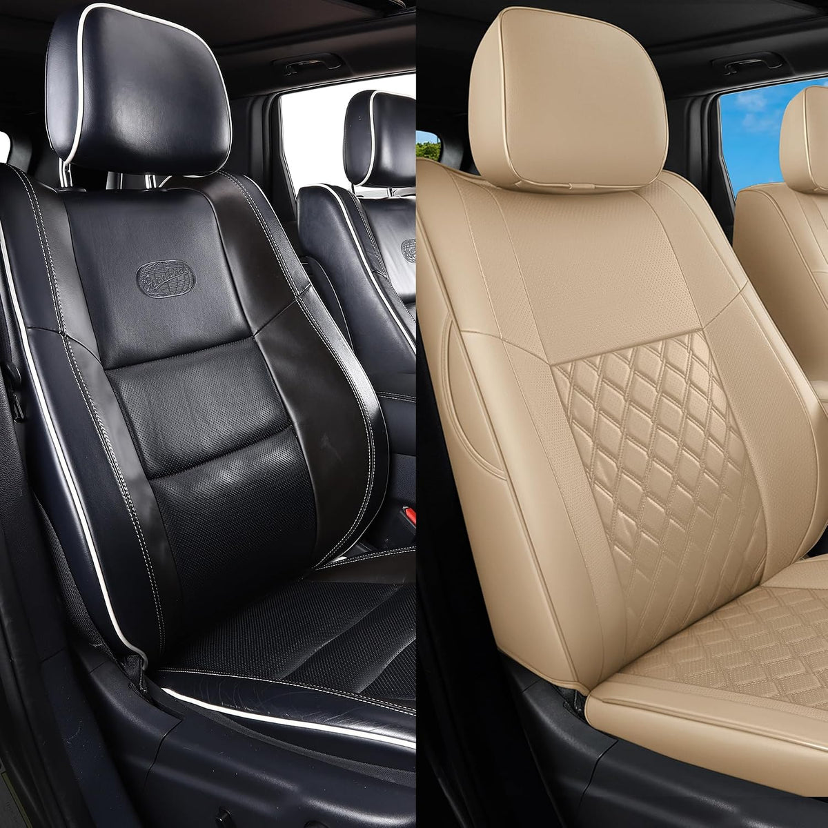 Huidasource Upgrade Grand Cherokee Seat Covers, Full Coverage Waterproof Leather Car Seat Covers, Custom Seat Cushion Protector Fit for Jeep Grand Cherokee 2011-2021 (Full Set/Beige)