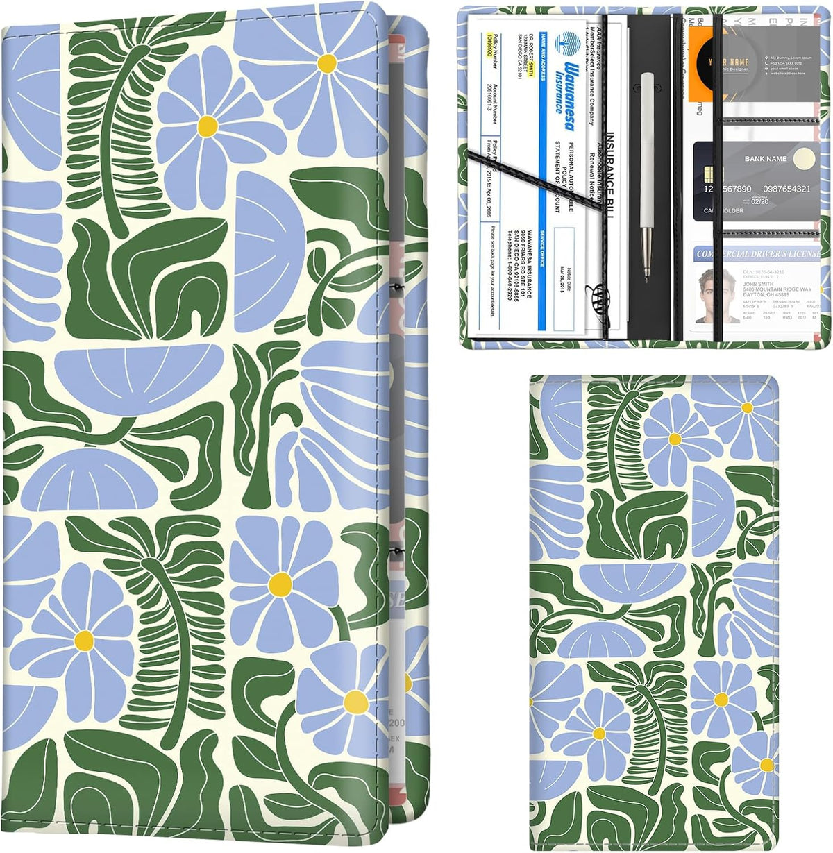 Car Registration and Insurance Holder with Magnetic Shut, Cute Vehicle Glove Box Car Organizer, Premium Interior Car Accessories for Women Men Blue Green Flower Leaf
