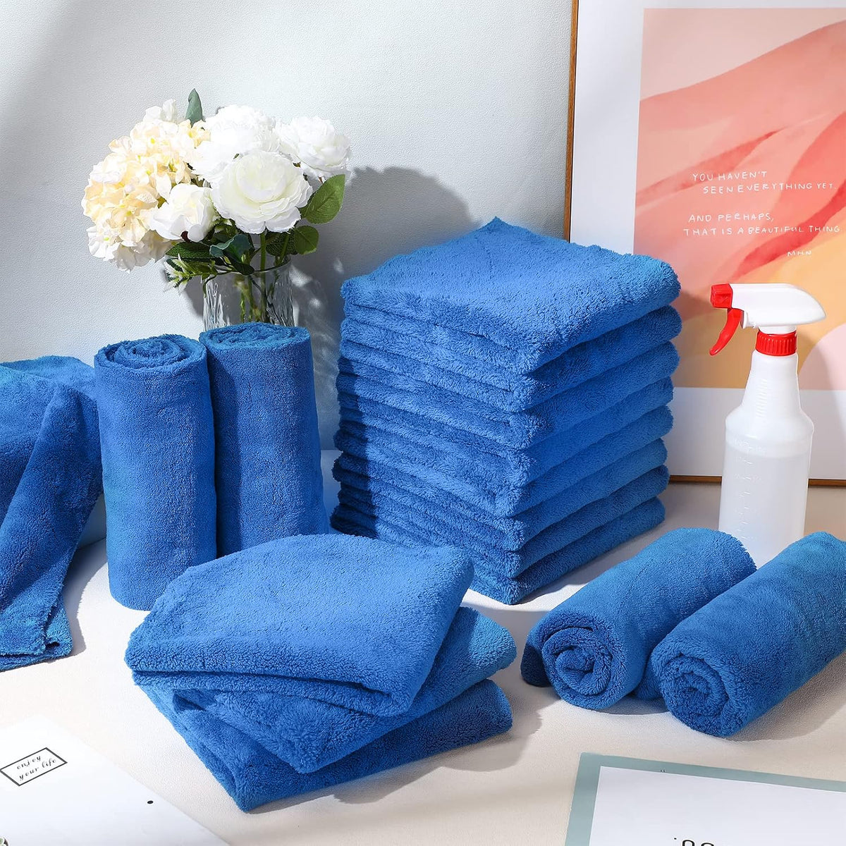 Shimeyao 20 Pcs 16 x 16 Inch Edgeless Microfiber Plush Towels for Cars Detailing Drying Wash Polishing Absorbent Cleaning Cloths, 500 GSM (Dark Blue)