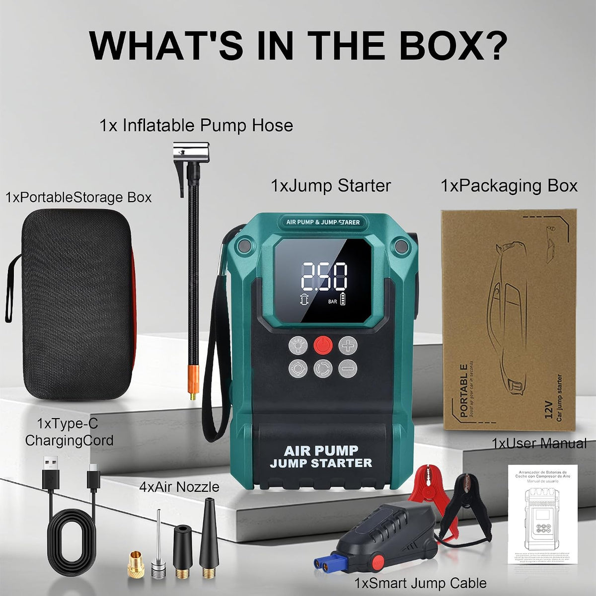 Jump Starter with Air Compressor,2000A 150PSI Car Jump Starter,21800mAh Battery Jump Starter Portable,12V Jump Box with Smart Jumper Cable LCD Display,Lights(Up All Gas/12.0L Diesel)