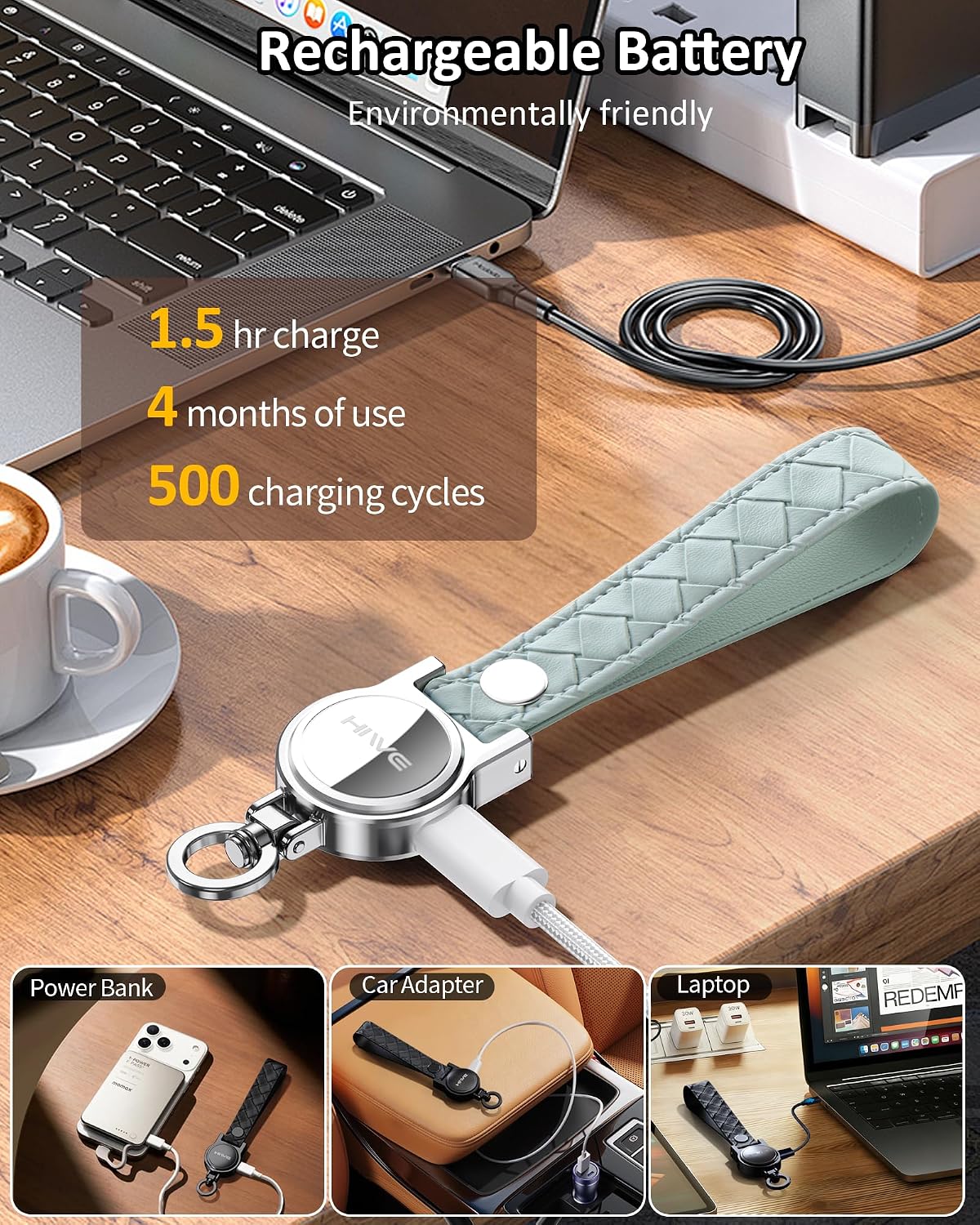 HiWe Anti-Lost Keychain, Works with Apple Find My, Carabiner Car Key Holder with Texture Leather Strap, Bluetooth Key Finder Tracker, USB-C Rechargeable, Green