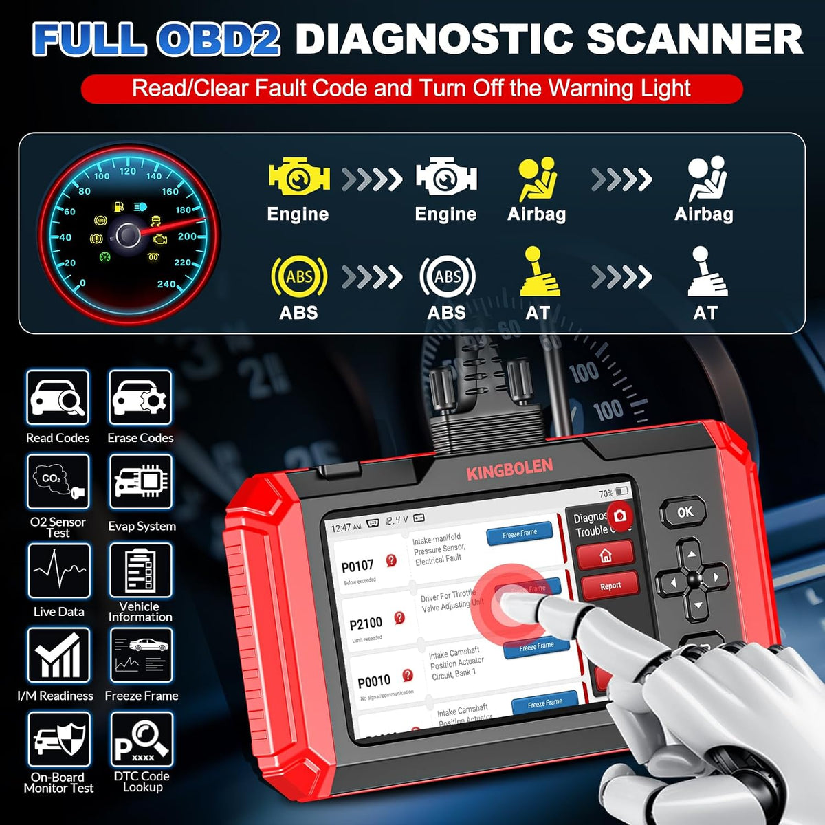 KINGBOLEN OBD2 Scanner S800 Car Scanner, OBD2 Diagnostic Scan Tool with 15 Reset, Oil Brake Throttle Service, Engine ABS SRS Transmission Code Reader, Battery Test, AutoVIN, Lifetime No Charge Update