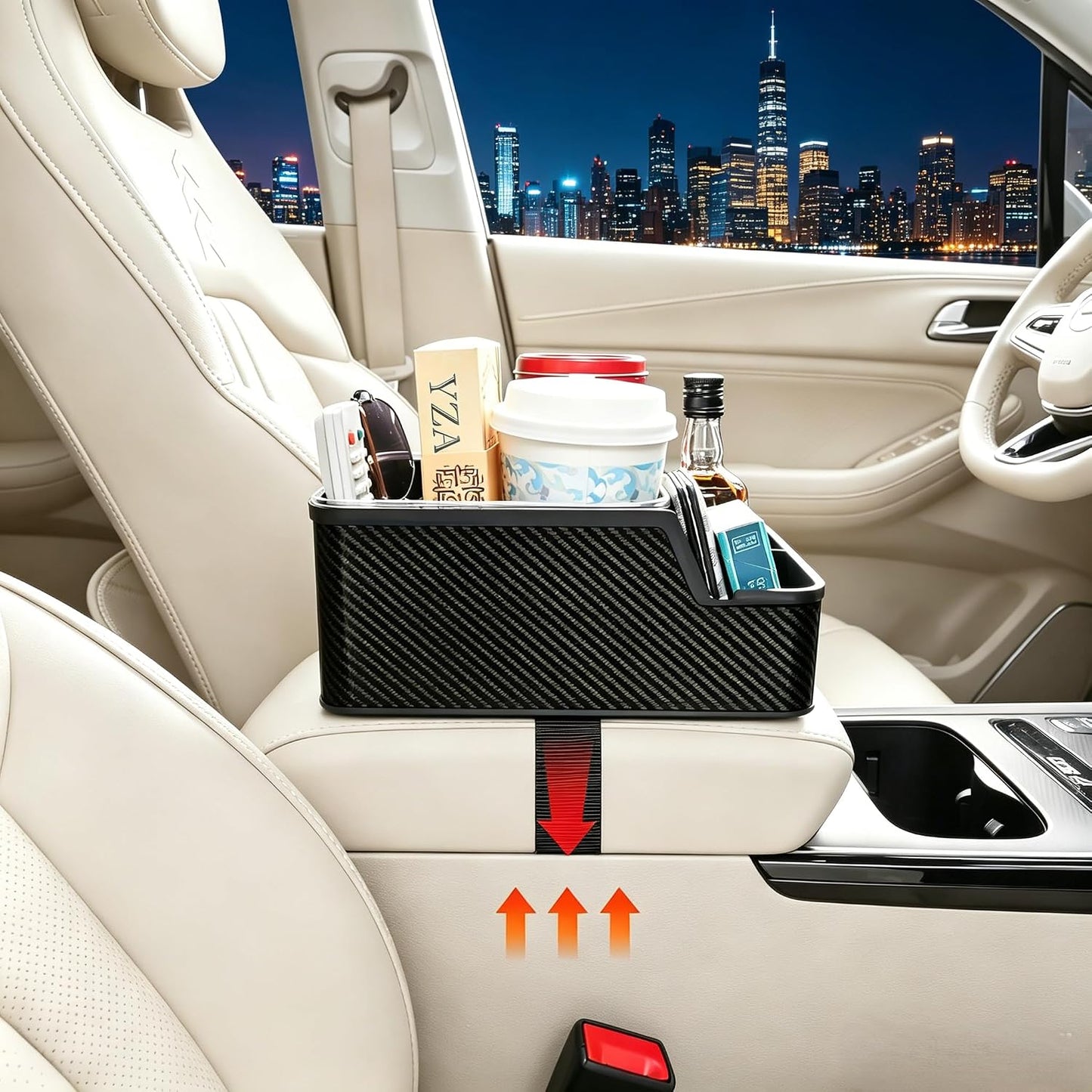 Car Front Seat Organizer with Compartment,Center Console Organizer,Car Armrest Storage Box,Back Seat Cup Holder Tray,Between Seat Small Caddy with Phone Holder for Truck,SUV,Van (Black)